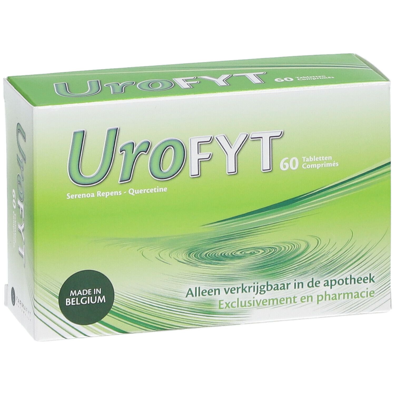 Urofyt-verpakking. Groen-witte doos met productnaam en 60 tabletten. Gemaakt in België.