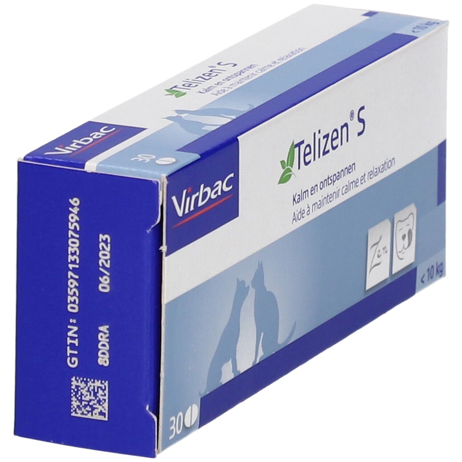Schräg gestellte Verpackung von Telizen S. Marke Virbac. Enthält 30 Tabletten. Aufschrift: Kalm en ontspannen, Aide à maintenir calme et relaxation.