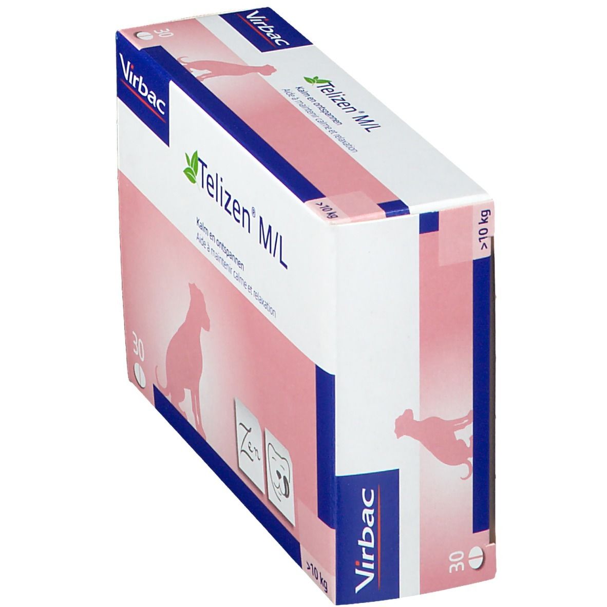 Boîte Virbac Telizen M/L en biais. Nom du produit, logo et silhouette de chien sur fond rose et blanc.