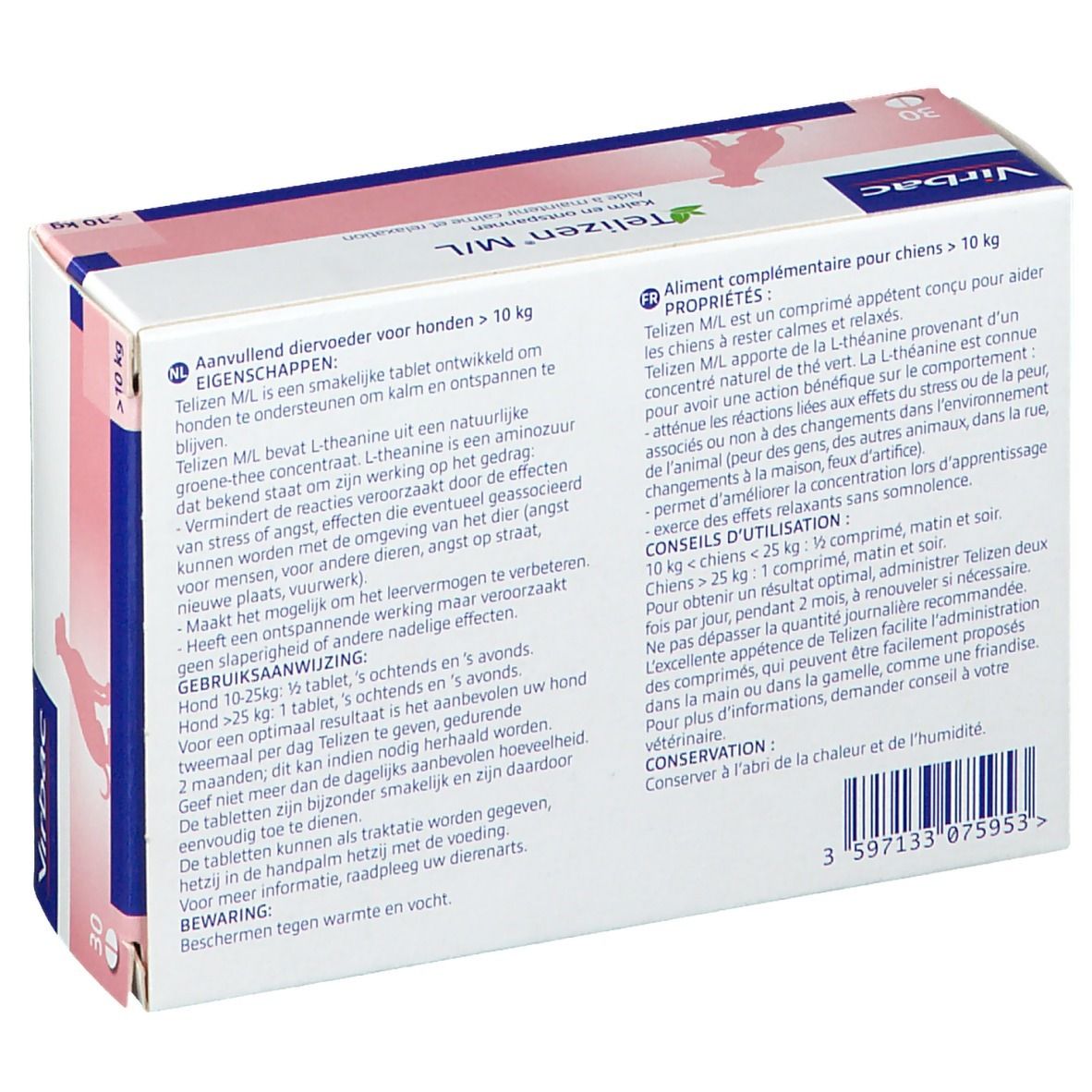 Dos de la boîte Virbac Telizen M/L. Texte multilingue, informations sur le produit et logo.