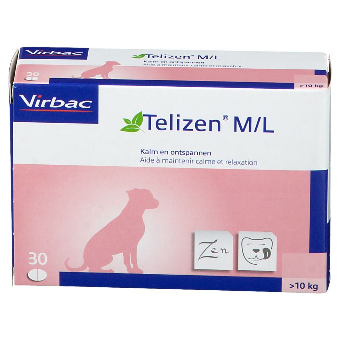 Boîte Virbac Telizen M/L. Boîte rose et blanche avec nom du produit, logo et silhouette de chien. 30 comprimés.