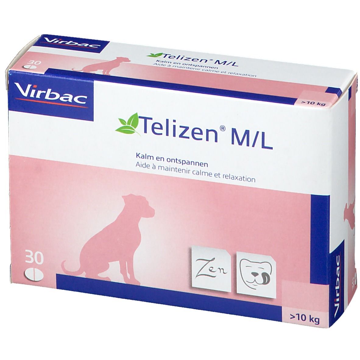 Boîte Virbac Telizen M/L. Boîte rose et blanche avec nom du produit, logo et silhouette de chien. 30 comprimés.