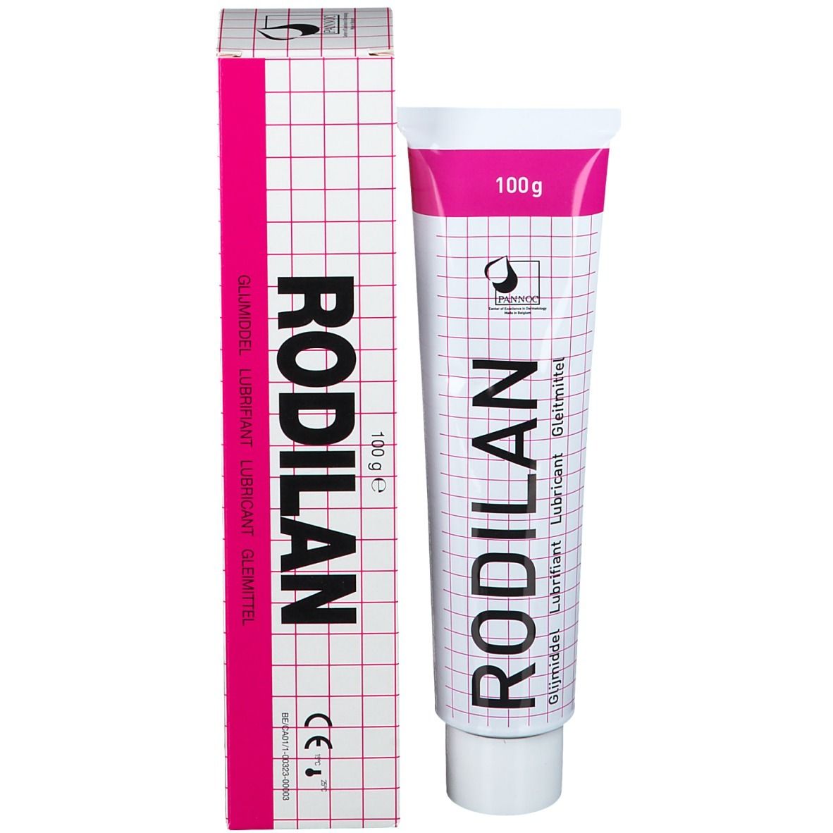 Productverpakking met tube en doos. Opschrift RODILAN. Doos met roze streep en rasterpatroon.