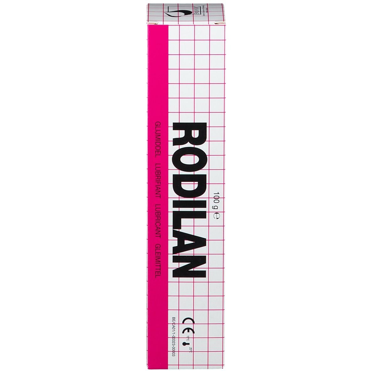 Kartonnen verpakking met roze streep en rasterpatroon. Opschrift RODILAN. 100g.