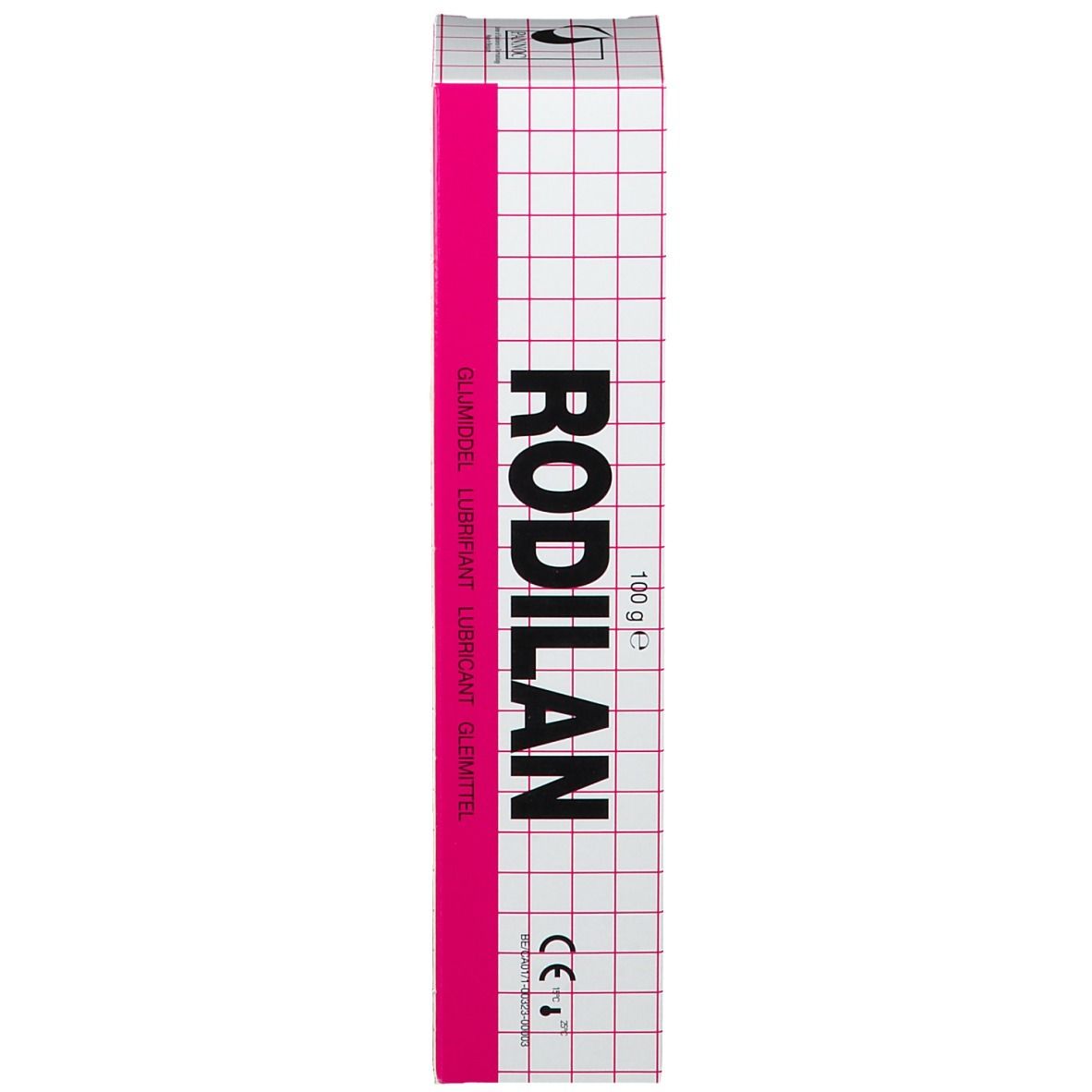 Kartonnen verpakking met roze streep en rasterpatroon. Opschrift RODILAN. 100g.