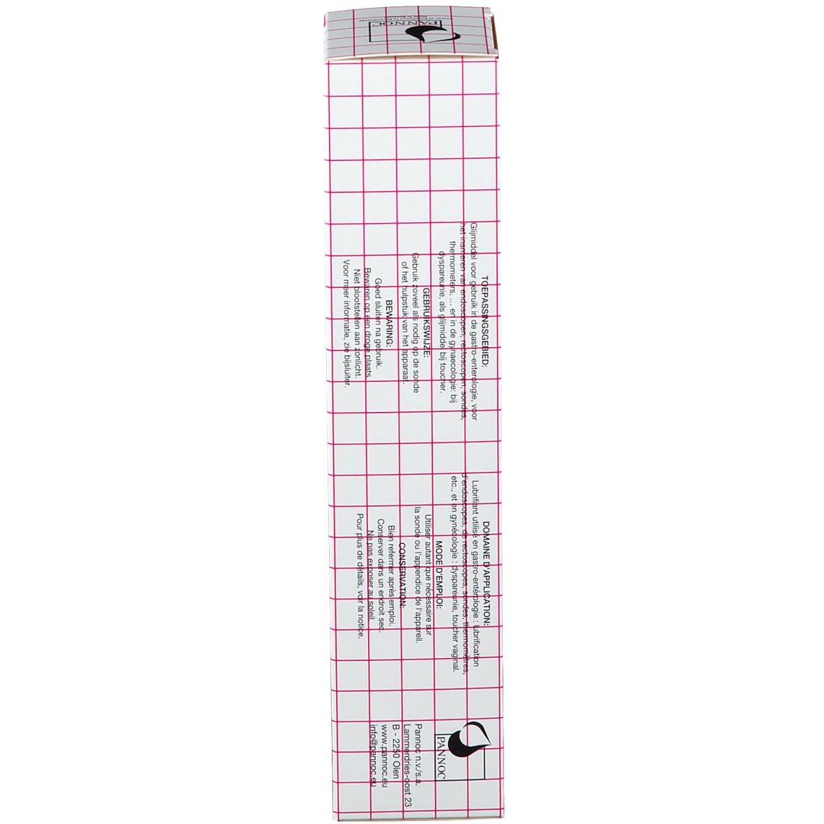 Zijaanzicht van de kartonnen verpakking. Roze streep en rasterpatroon. Tekst in meerdere talen.