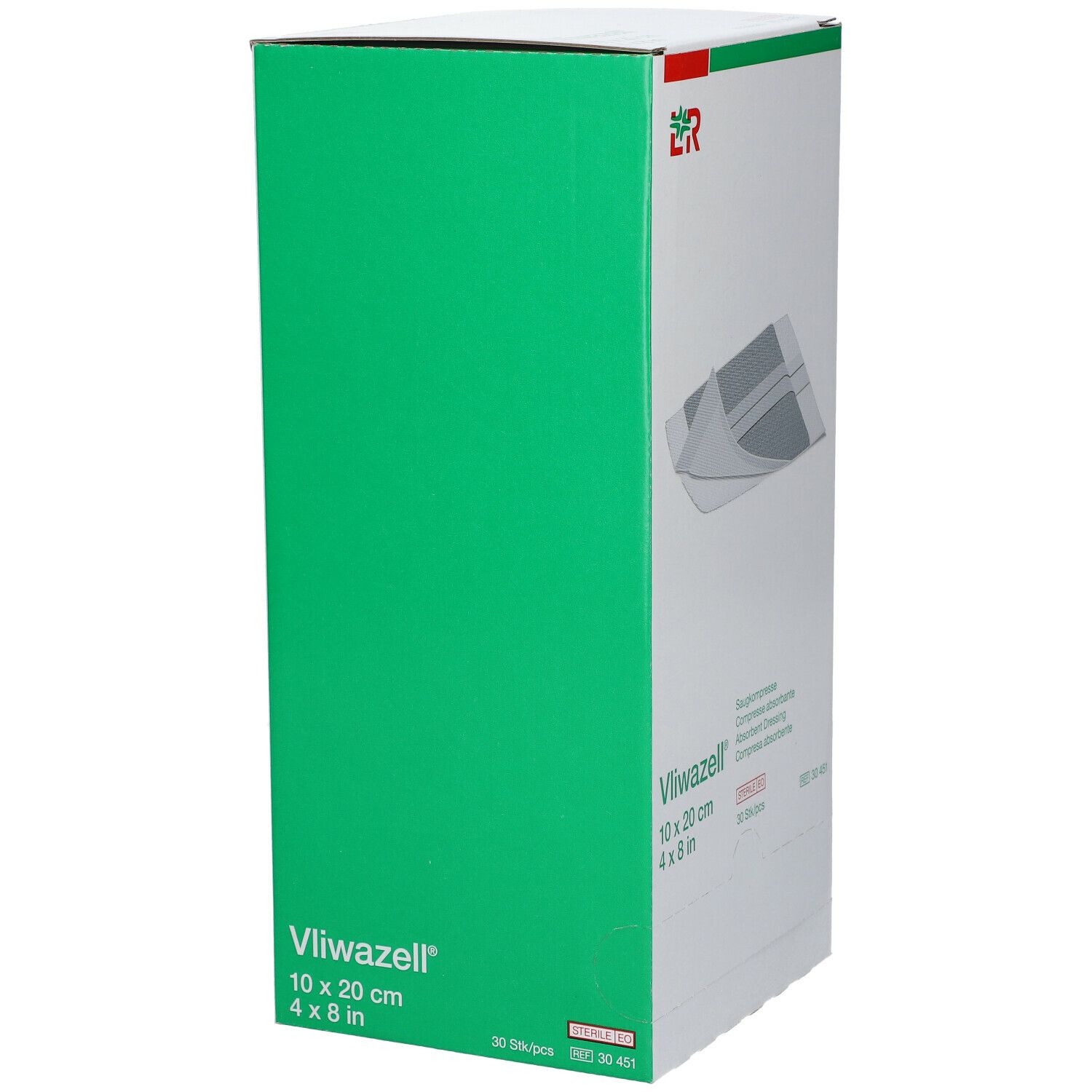 Emballage vert de compresses Vliwazell Universalkompresse 10 x 20 cm. Boîte avec nom et logo du produit.