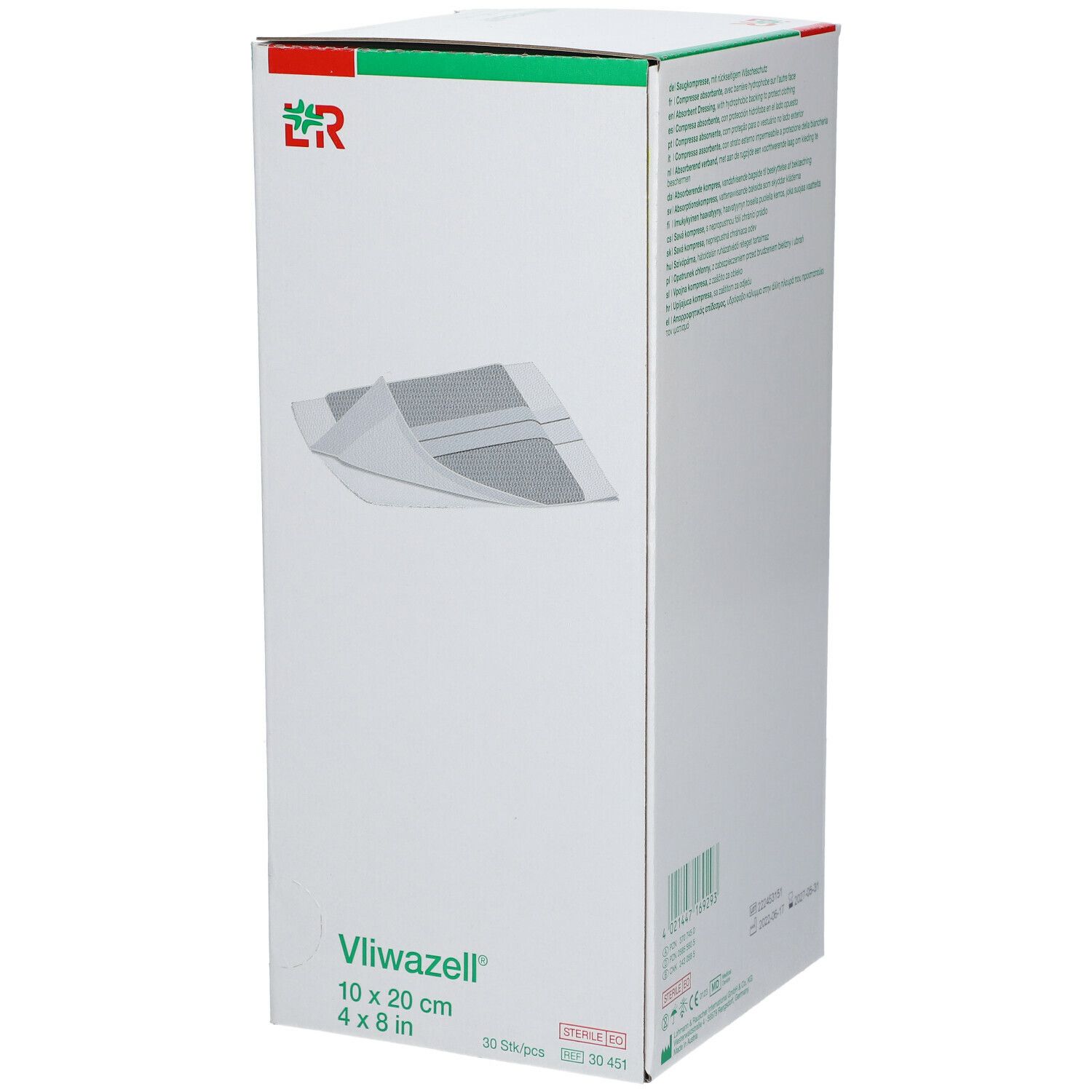 Emballage de compresses Vliwazell. Boîte avec image du produit, logo et dimensions 10 x 20 cm.