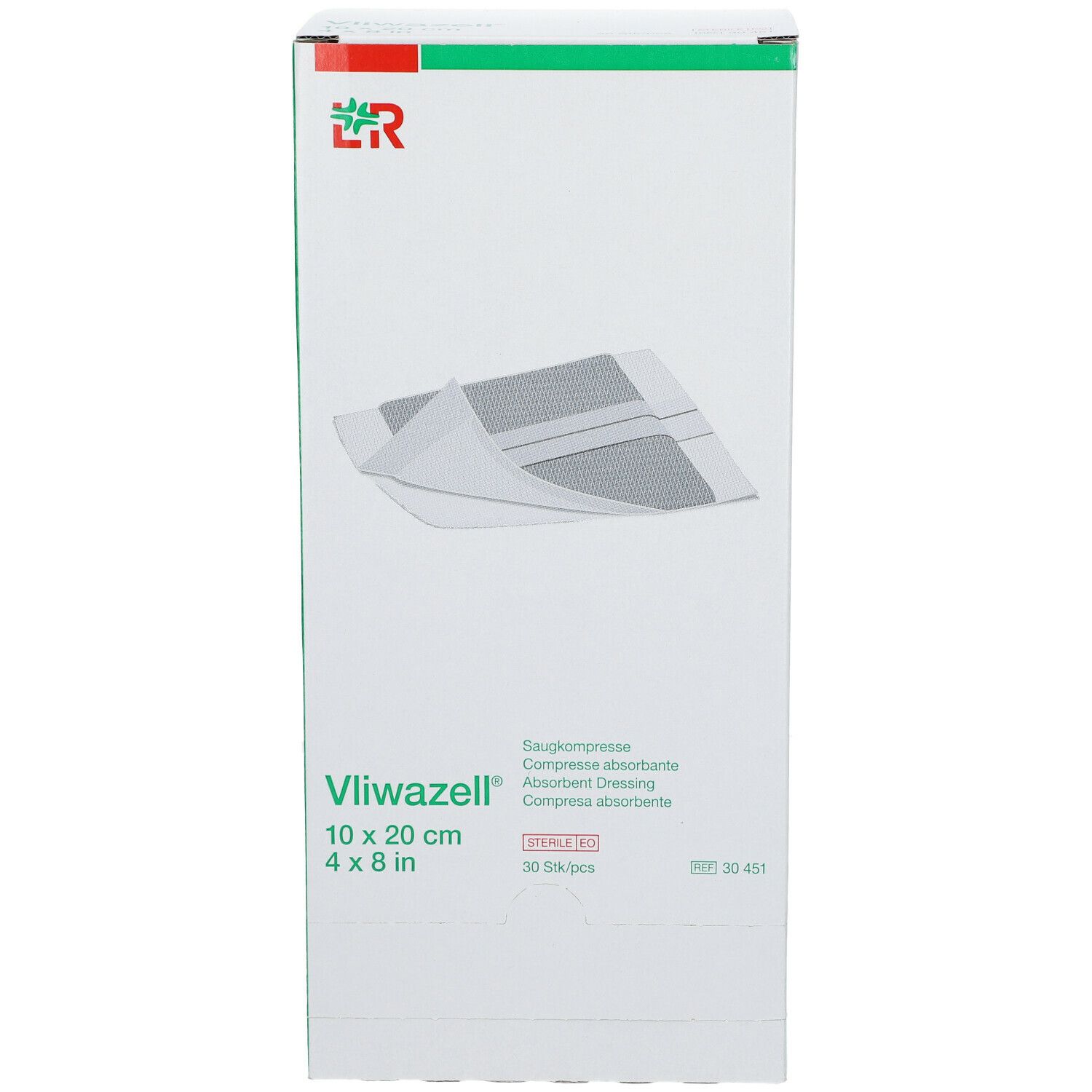 Emballage de compresses Vliwazell. Boîte avec image du produit, logo et dimensions 10 x 20 cm.