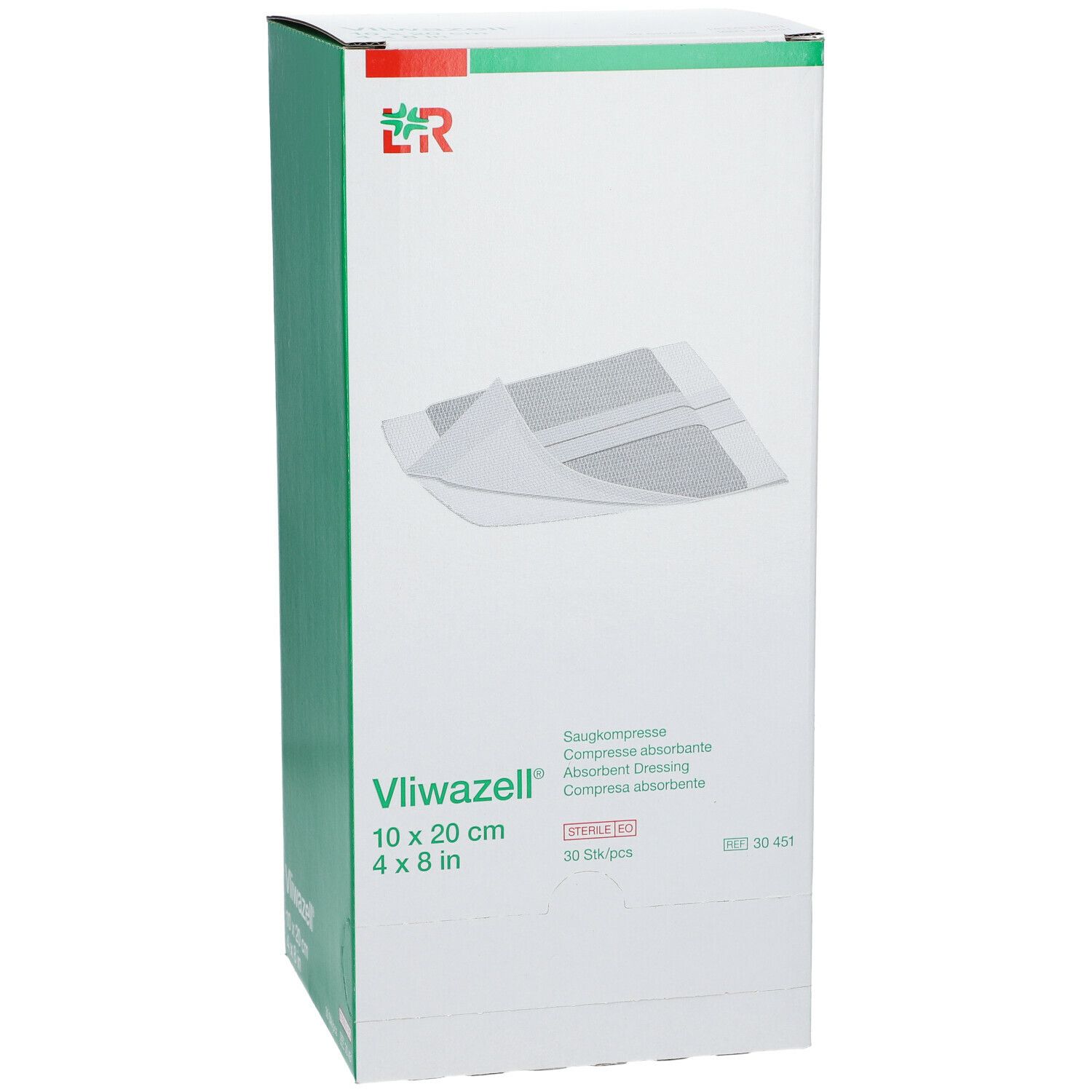Emballage de compresses Vliwazell. Boîte avec image du produit, logo et dimensions 10 x 20 cm.