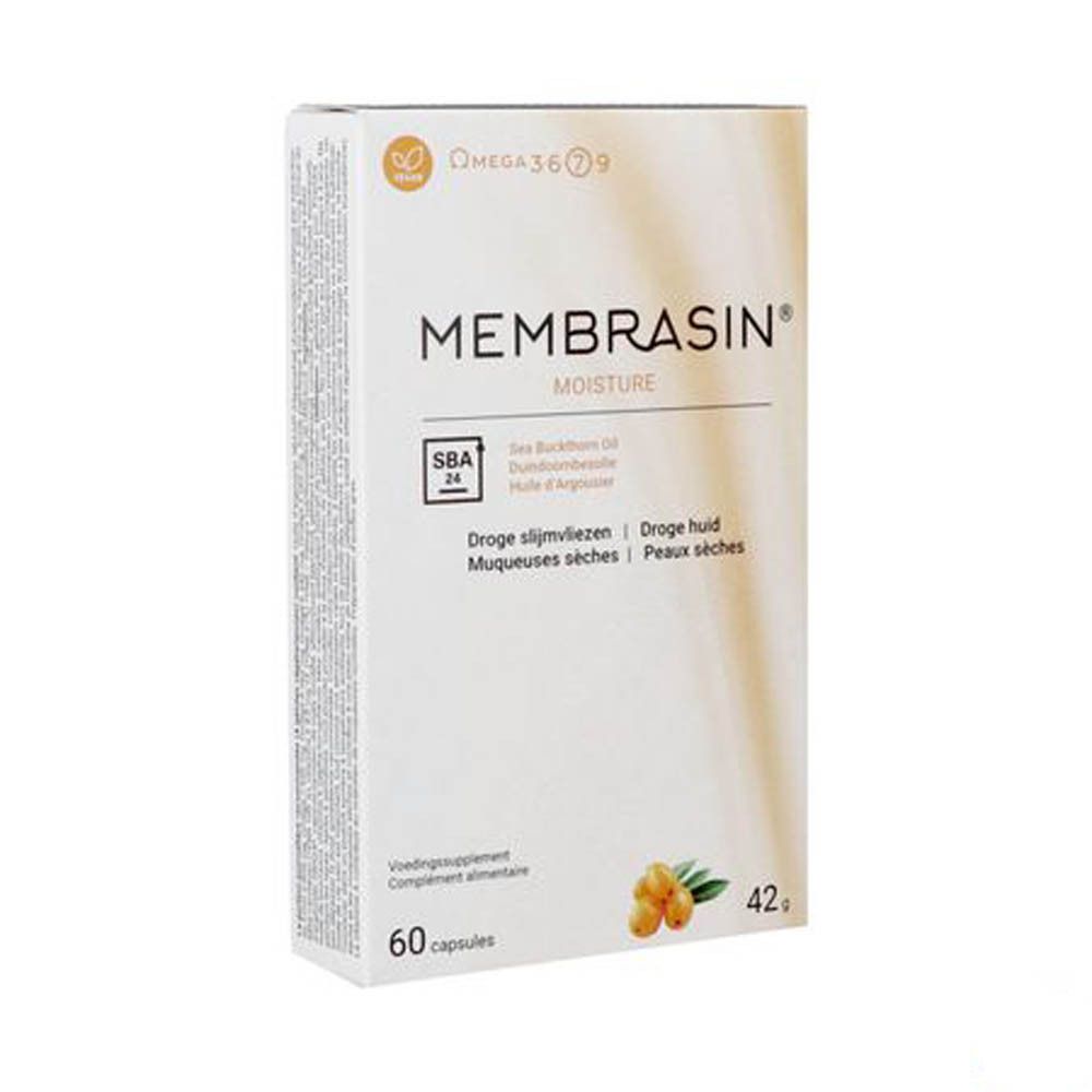 Boîte blanche avec logo "Membrasin Moisture". Contient 60 gélules. Inscription : Omega 3 6 7 9, Huile d'argousier.