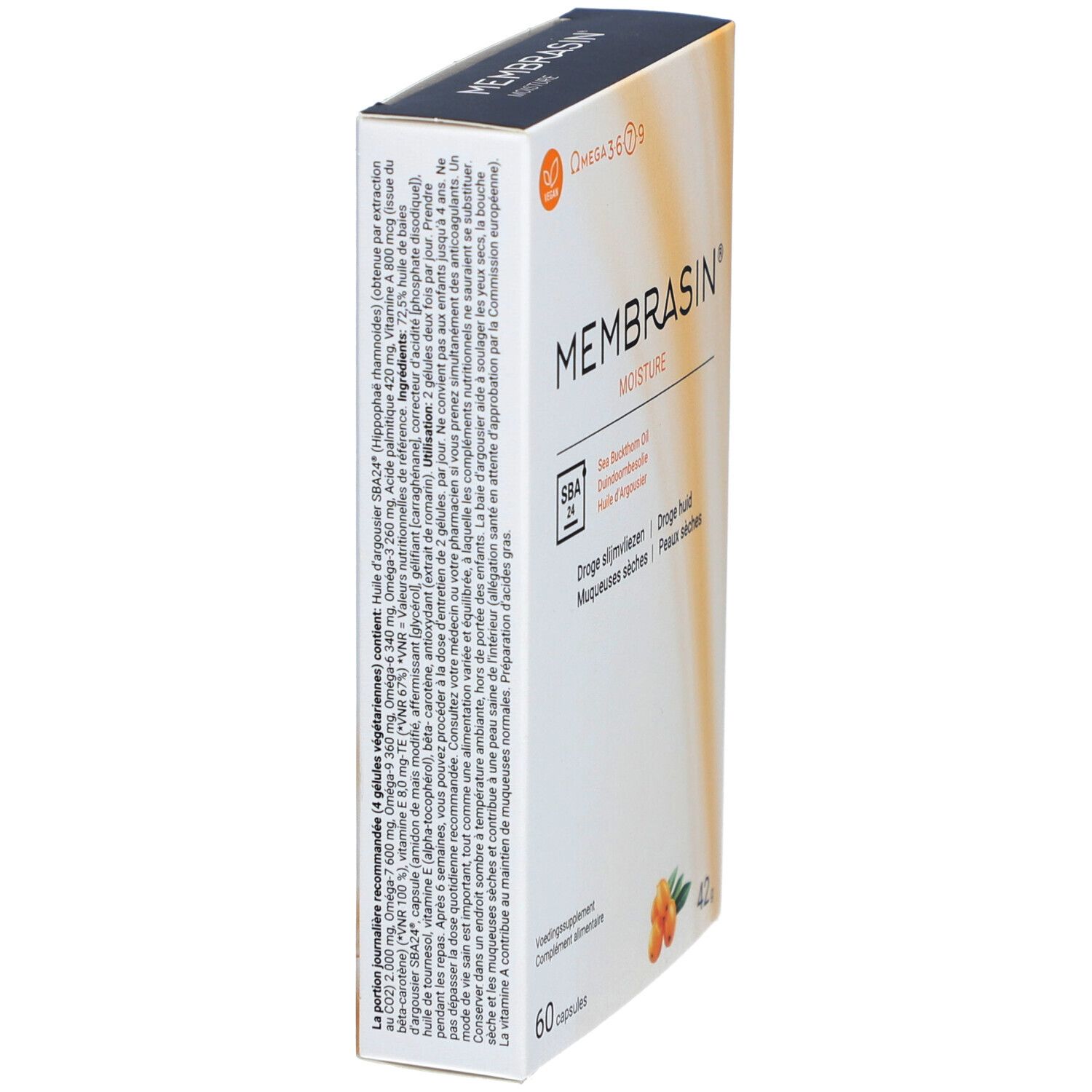Vue latérale d'une boîte blanche avec logo "Membrasin Moisture". Contient 60 gélules. Inscription : Omega 3 6 7 9, Huile d'argousier.