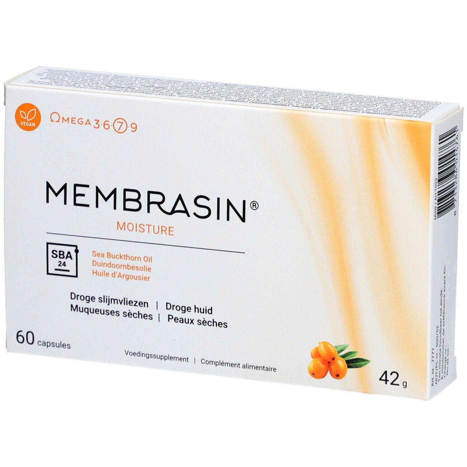 Boîte blanche avec logo "Membrasin Moisture". Contient 60 gélules. Inscription : Omega 3 6 7 9, Huile d'argousier. Illustration de baies.