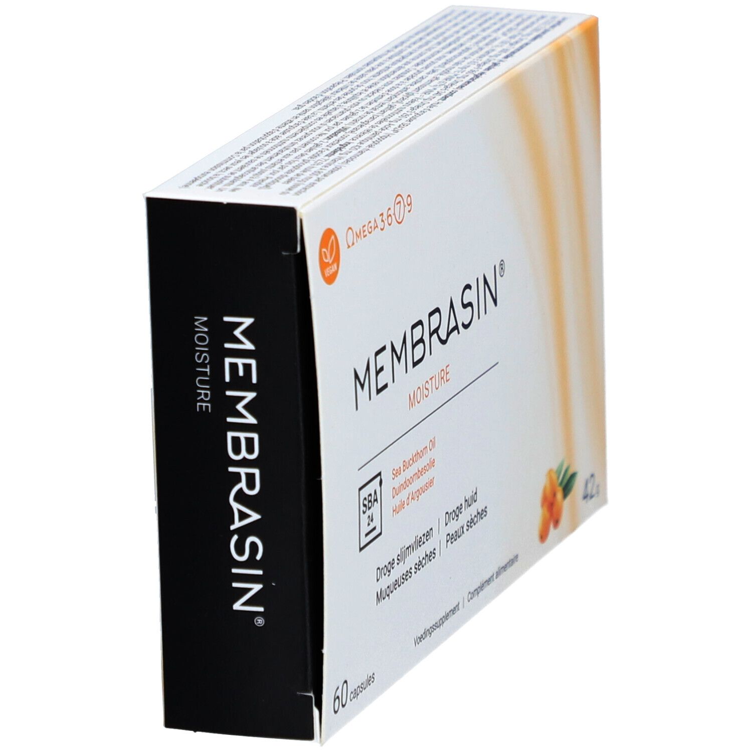 Vue oblique d'une boîte blanche avec logo "Membrasin Moisture". Contient 60 gélules. Inscription : Omega 3 6 7 9, Huile d'argousier.