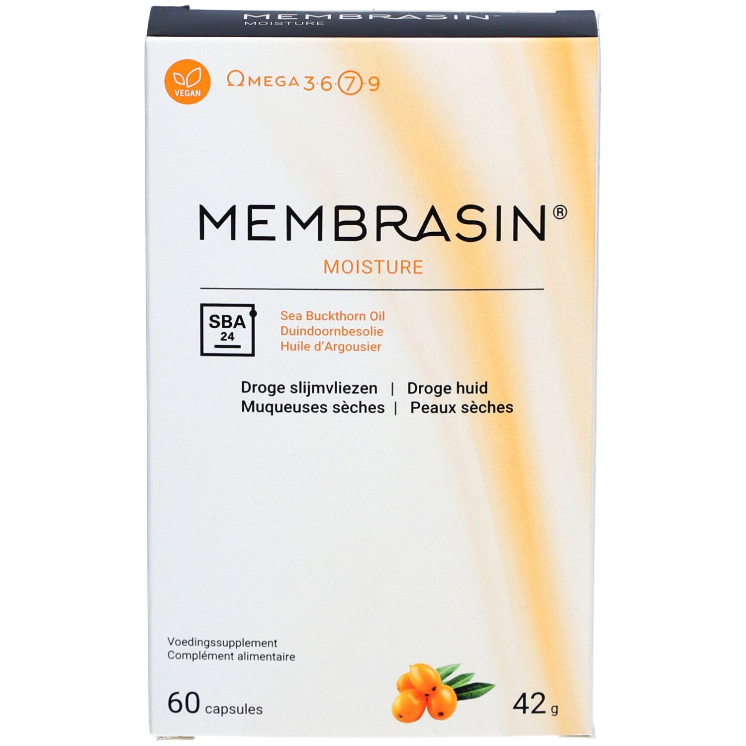 Boîte blanche avec logo "Membrasin Moisture". Contient 60 gélules. Inscription : Omega 3 6 7 9, Huile d'argousier. Logo vegan.