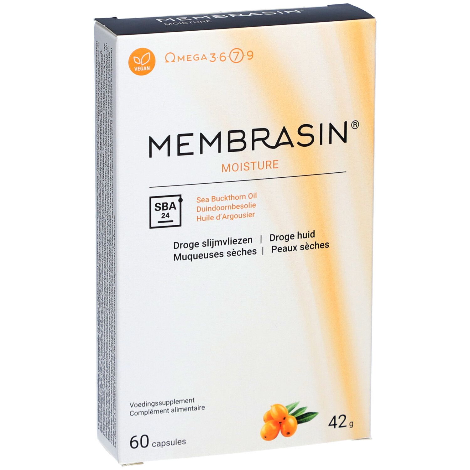 Boîte blanche avec logo "Membrasin Moisture". Contient 60 gélules. Inscription : Omega 3 6 7 9, Huile d'argousier. Illustration de baies.