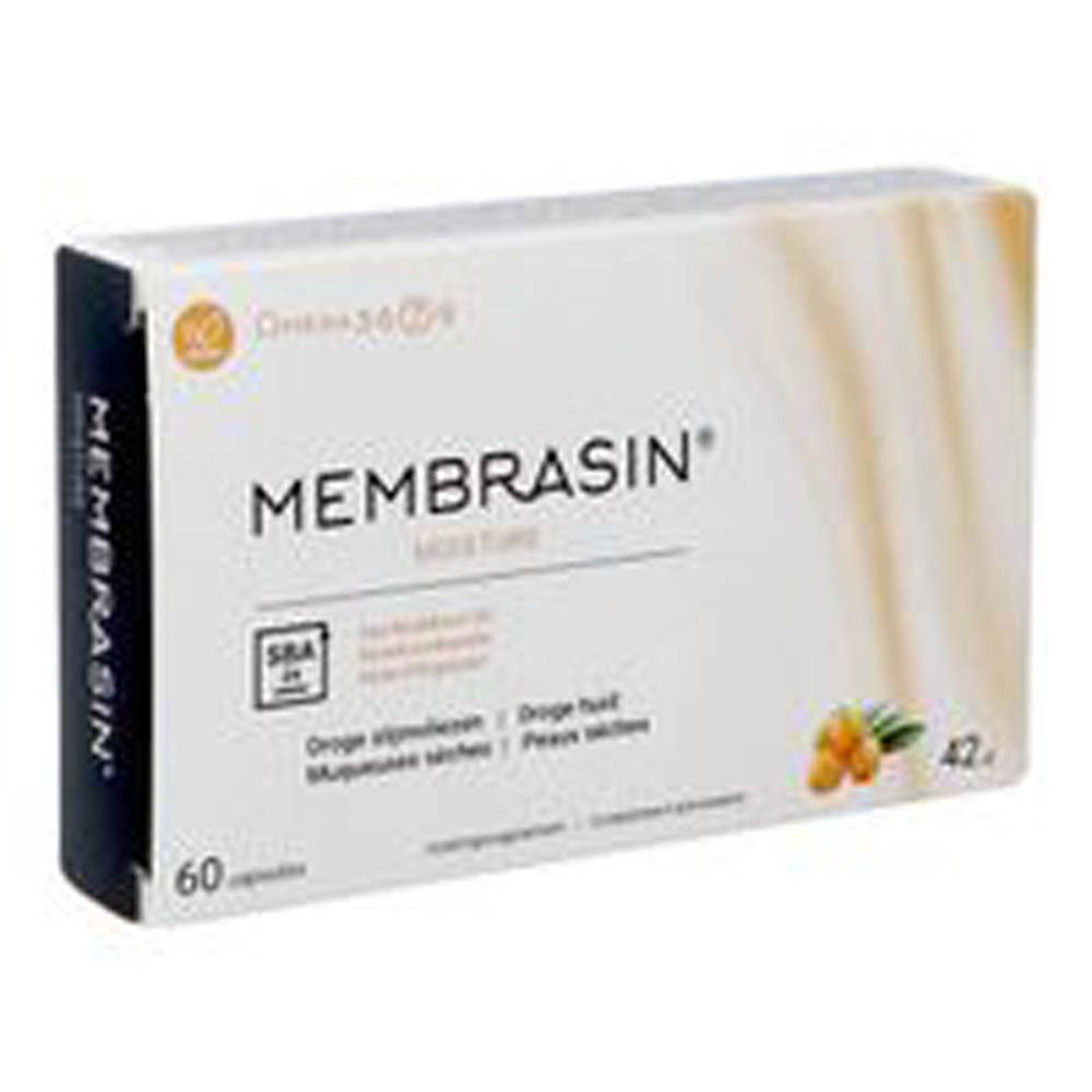Vue oblique d'une boîte blanche avec logo "Membrasin Moisture". Contient 60 gélules. Inscription : Omega 3 6 7 9, Huile d'argousier.