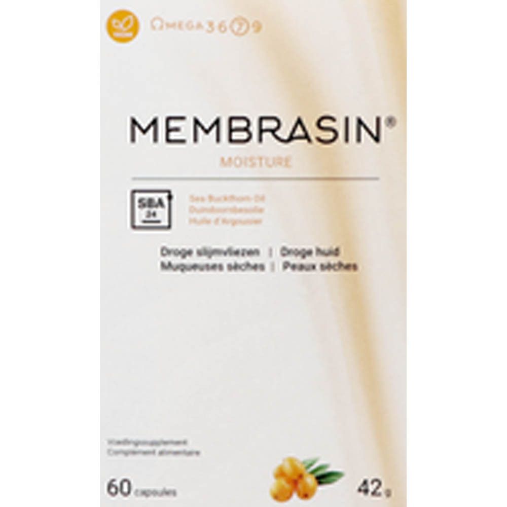 Boîte blanche avec logo "Membrasin Moisture". Contient 60 gélules. Inscription : Omega 3 6 7 9, Huile d'argousier.