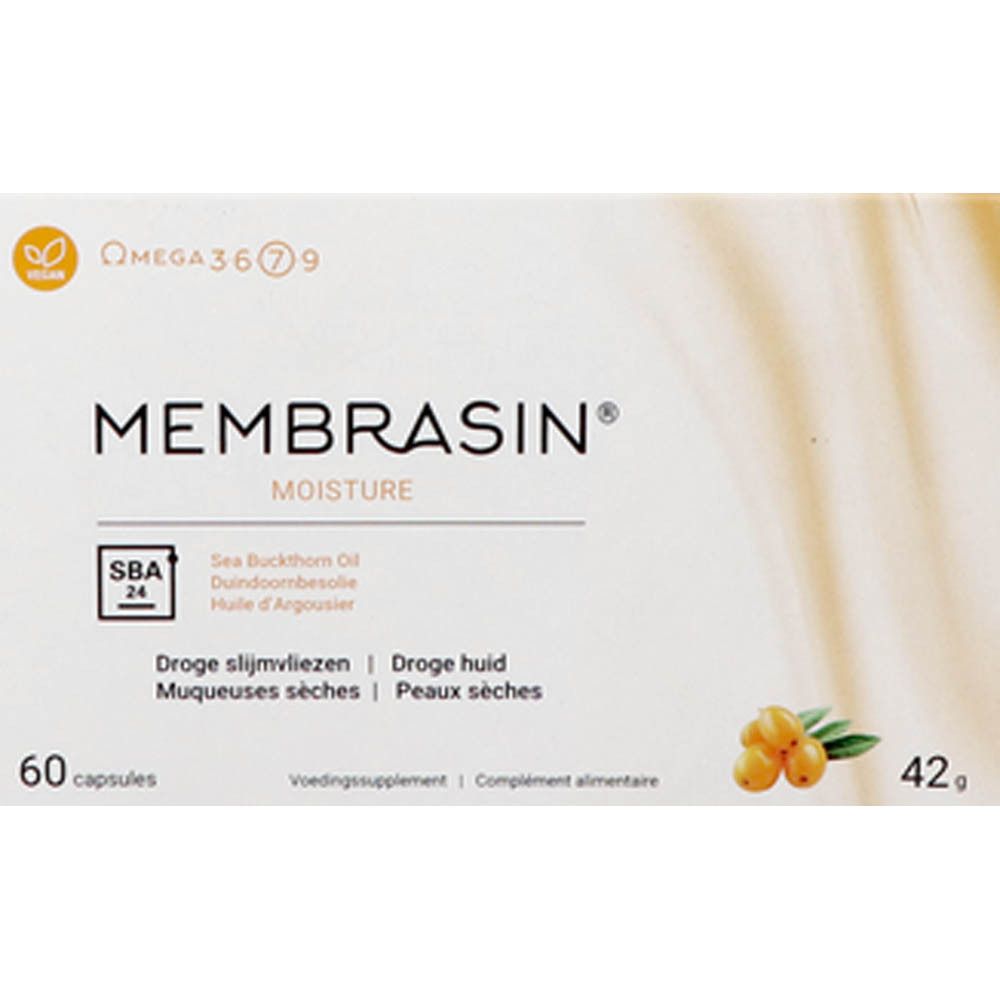 Boîte blanche avec logo "Membrasin Moisture". Contient 60 gélules. Inscription : Omega 3 6 7 9, Huile d'argousier. Illustration de baies.