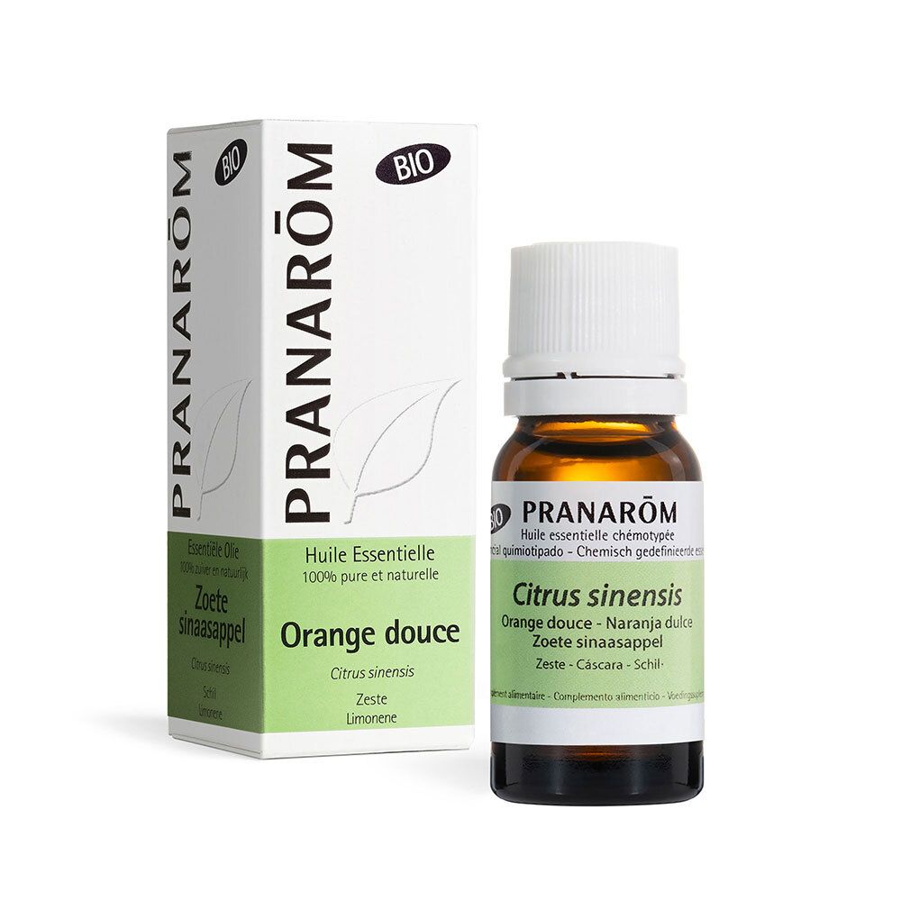 Fläschchen und Verpackung von PRANAROM. Aufschrift: Orange douce, Citrus sinensis, BIO. 100% reines ätherisches Öl.