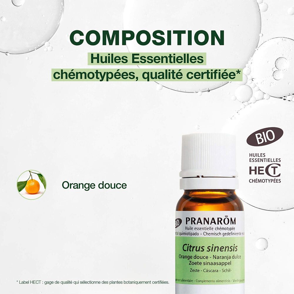 Fläschchen PRANAROM. Aufschrift: Orange douce, Citrus sinensis. BIO-Zertifizierung. Zusammensetzung: chemotypisierte ätherische Öle.