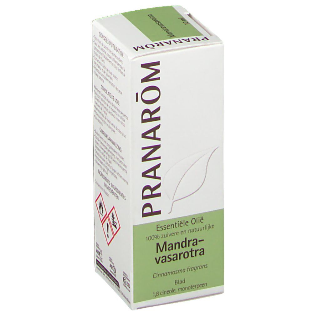 Emballage. Texte: Huile essentielle, Mandravasarotra, 100% pure et naturelle.