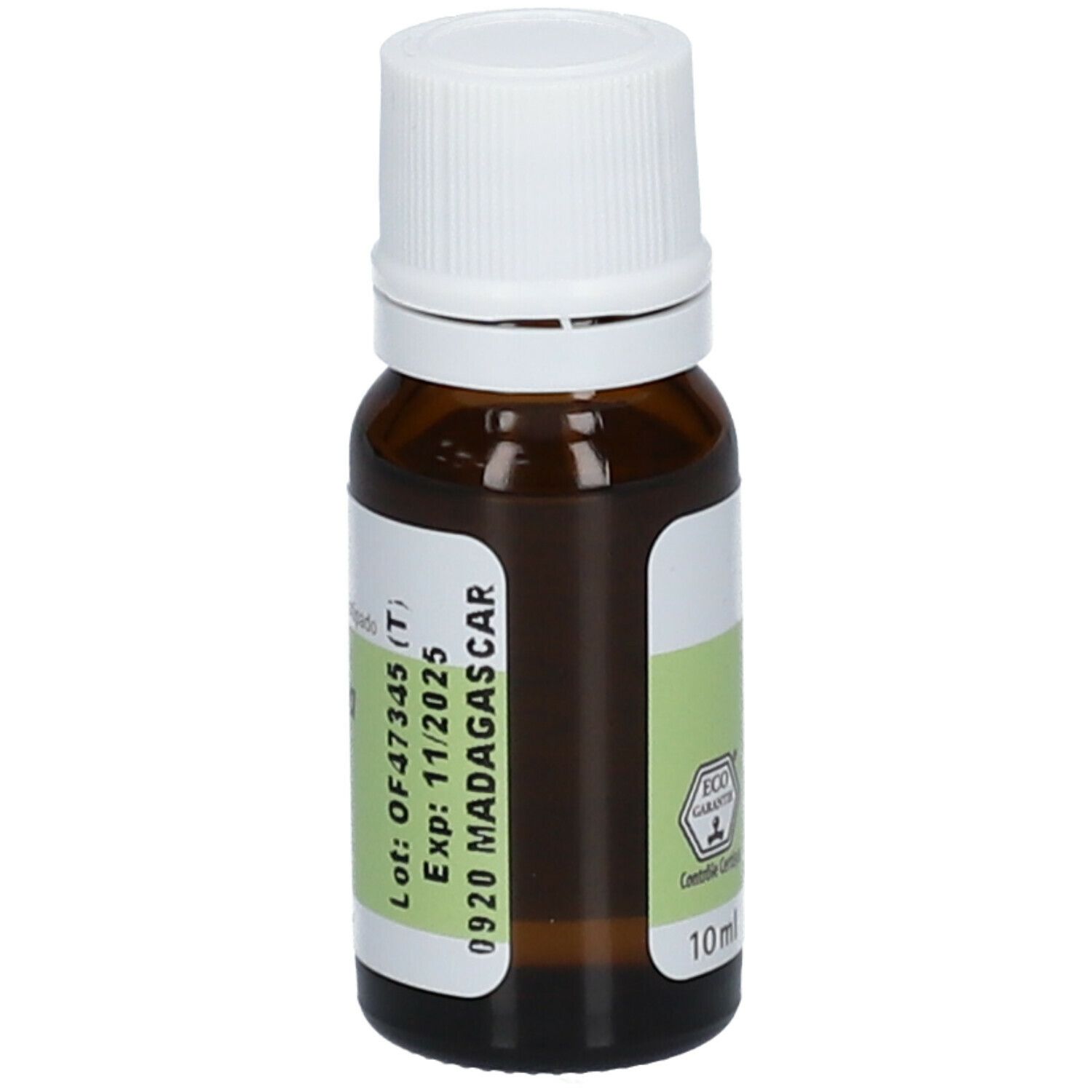 Flacon en verre brun avec bouchon blanc. Étiquette verte. Numéro de lot et date d'expiration: 11/2025. 10 ml.