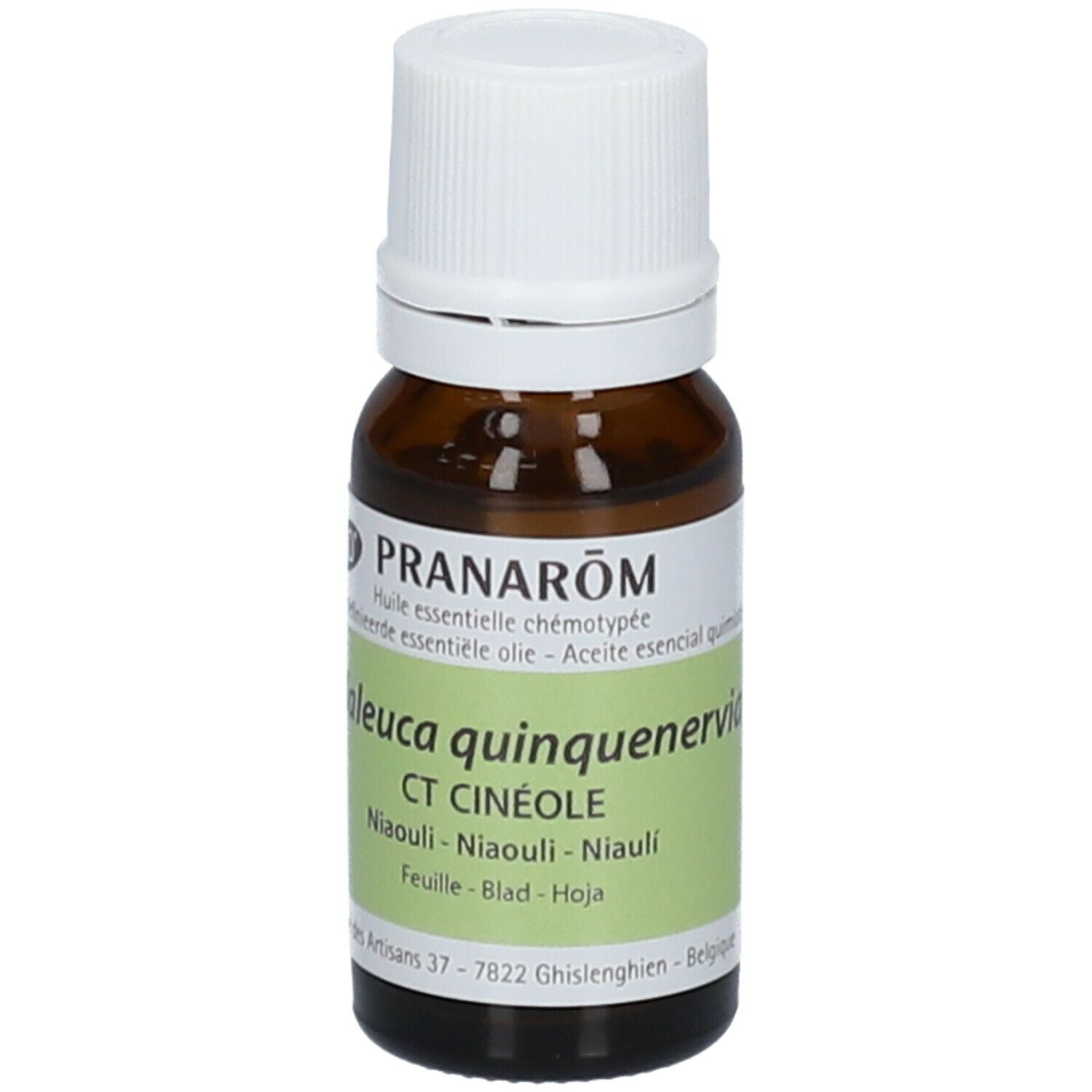 Flacon en verre brun avec bouchon blanc. Étiquette verte: Melaleuca quinquenervia CT CINÉOLE.