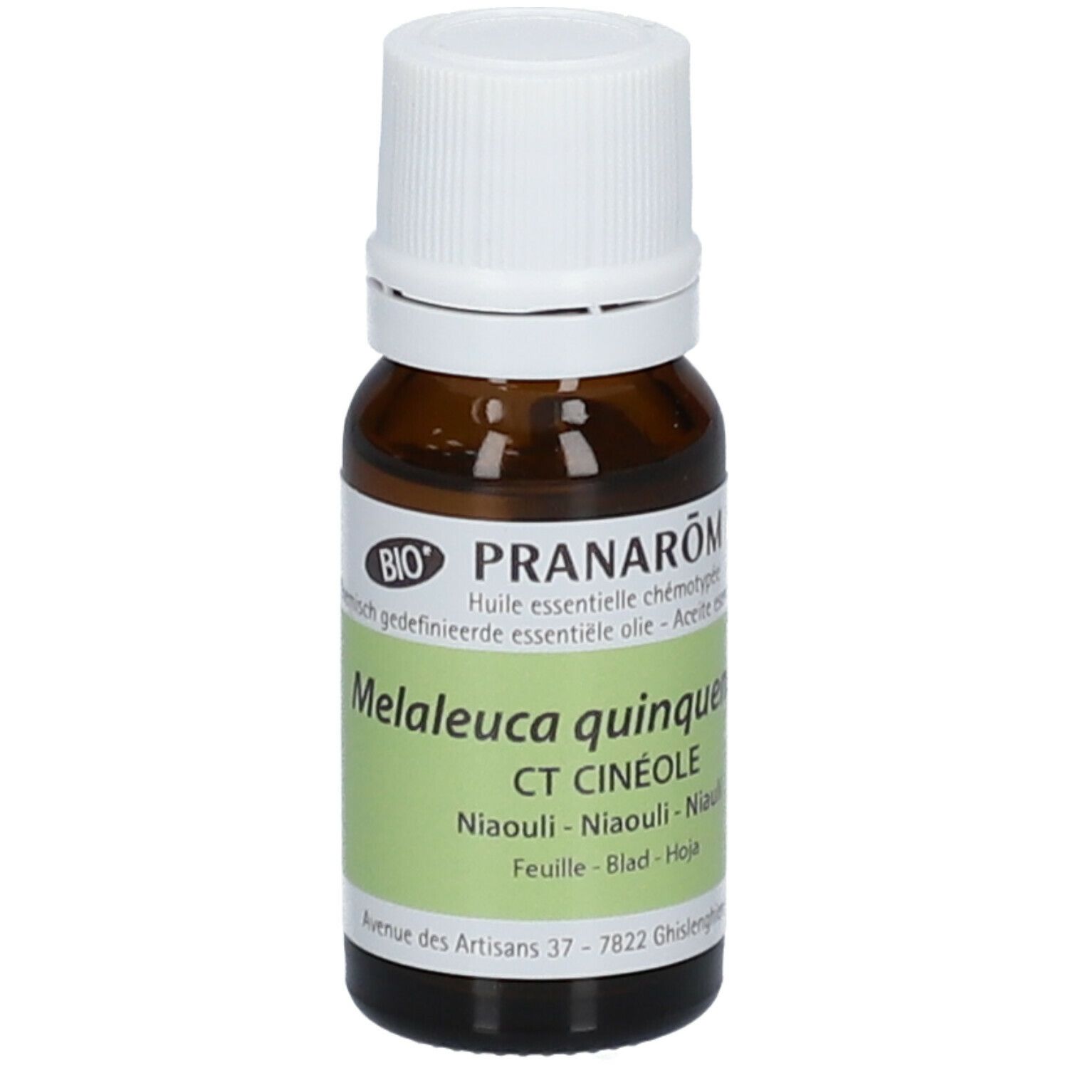 Flacon en verre brun avec bouchon blanc. Étiquette verte: Melaleuca quinquenervia CT CINÉOLE. Certification Bio.