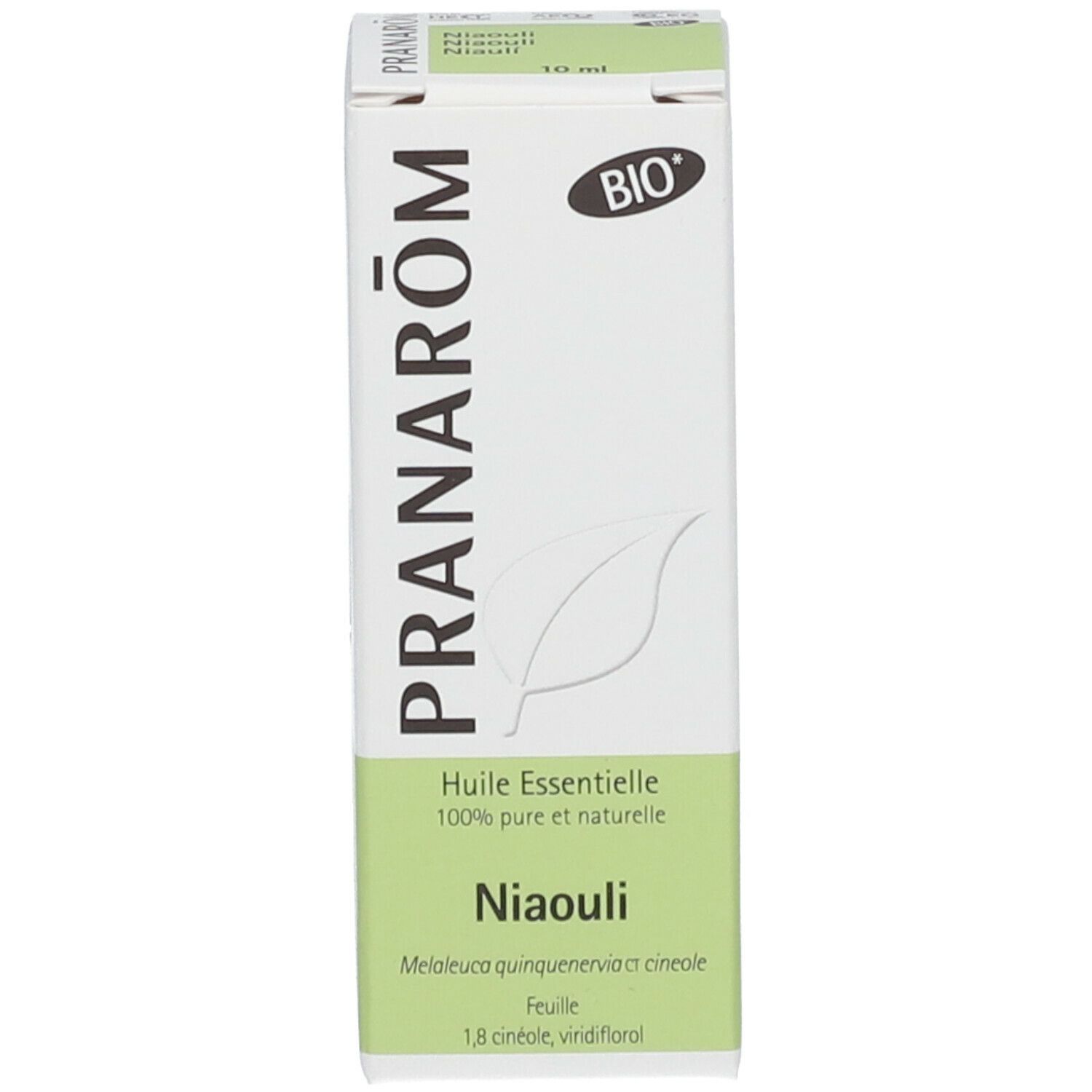 Boîte blanche avec texte vert: PRANAROM, Niaouli. Illustration de feuille. Huiles essentielles 100% pures et naturelles.