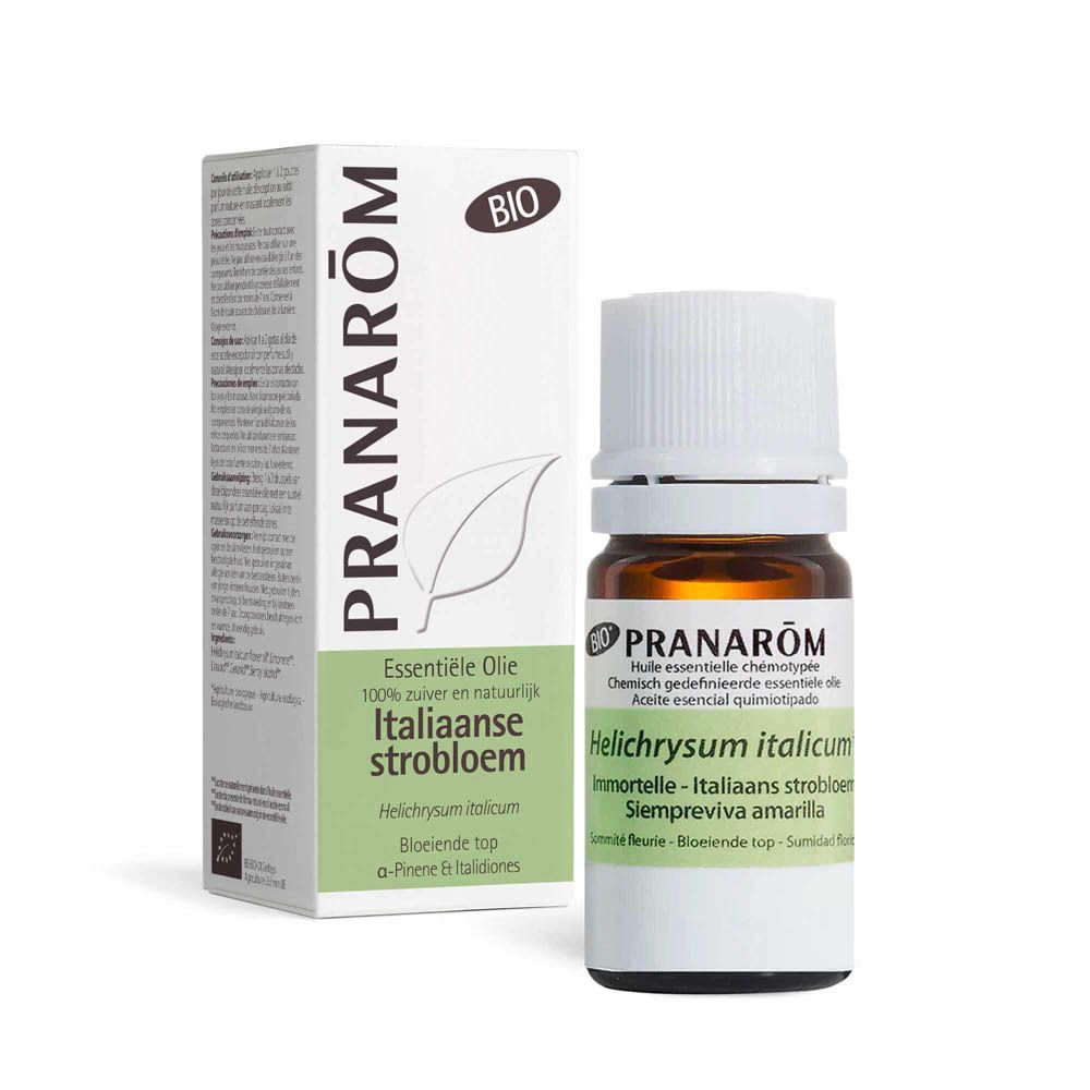 Produktverpackung mit Flasche. Karton mit Markenlogo PRANAROM und Bio-Logo. Aufschrift: Essentiele Olie, Italiaanse strobloem.
