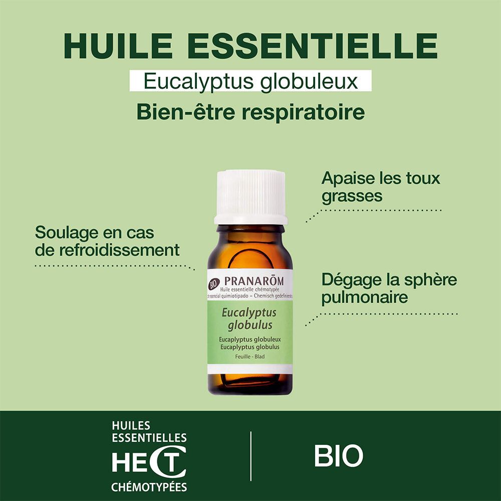 Flasche ätherisches Öl PRANAROM Eucalyptus globulus. Text: Bien-être respiratoire, BIO.