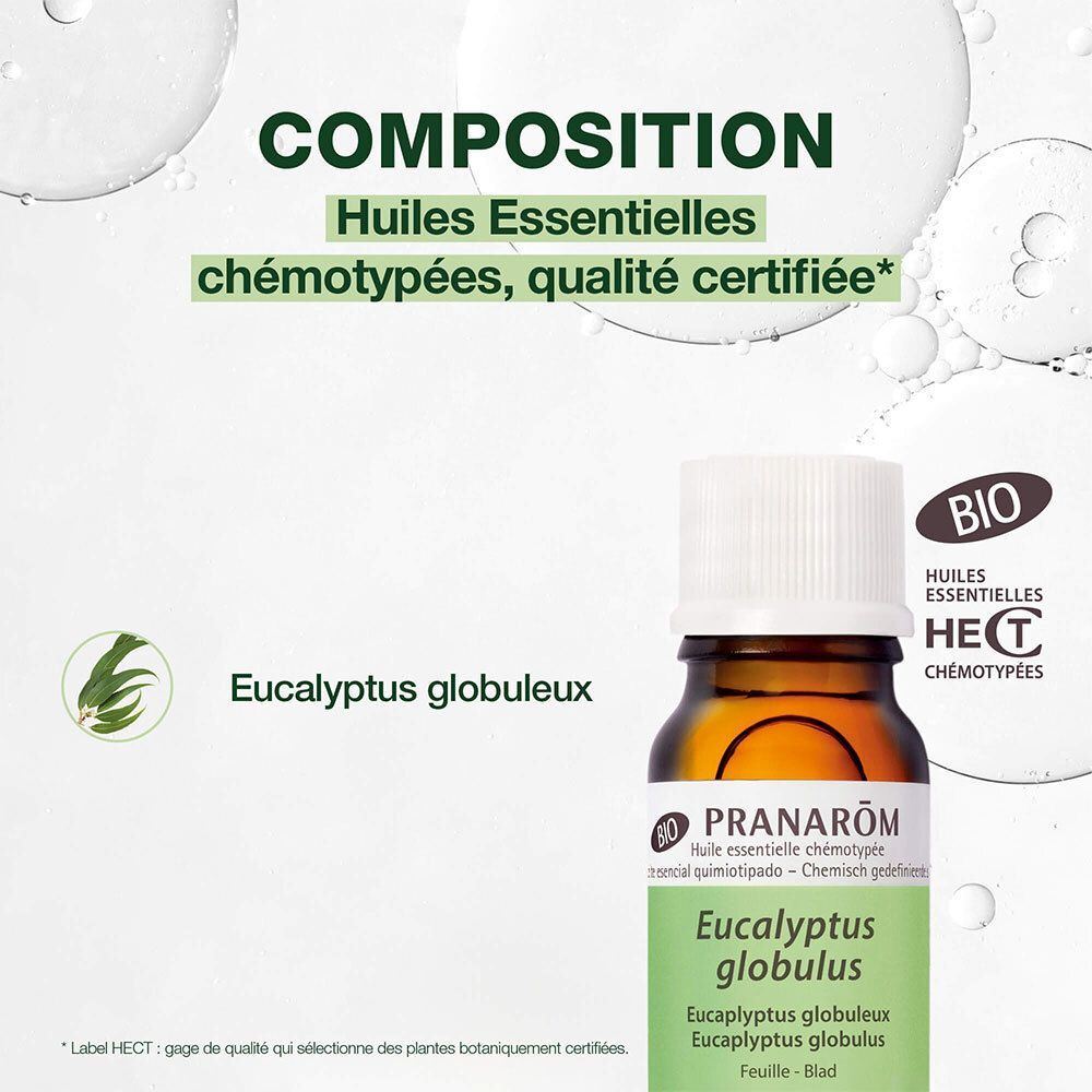Flasche ätherisches Öl PRANAROM Eucalyptus globulus. Text: Huiles essentielles chémotypées, BIO.