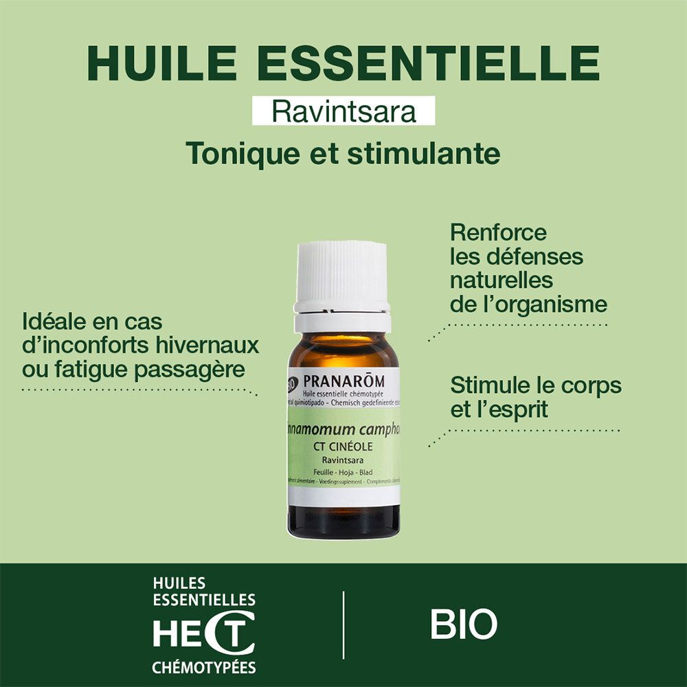 Grüner Hintergrund mit Produktflasche. Text: Huile Essentielle, Ravintsara, Tonique et stimulante.