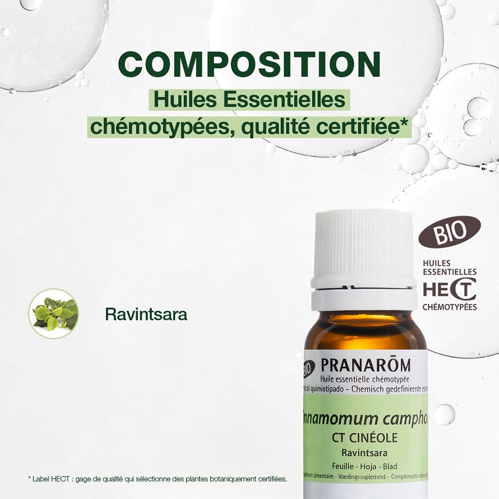 Produktflasche mit grünem Etikett. Text: Huiles Essentielles chémotypées, qualité certifiée.