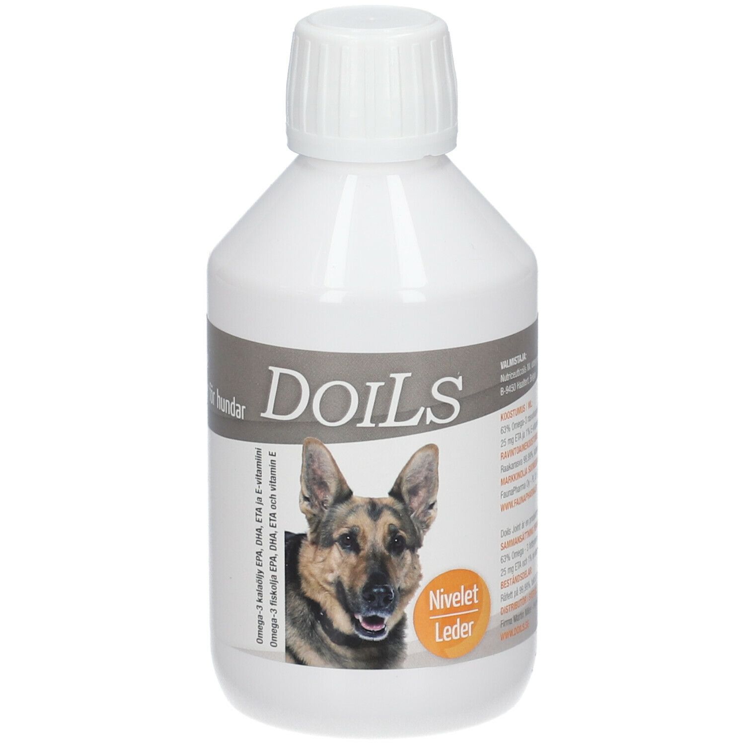 Witte fles met schroefdop. Etiket met productinformatie en foto van hond. Opschrift: Doils.