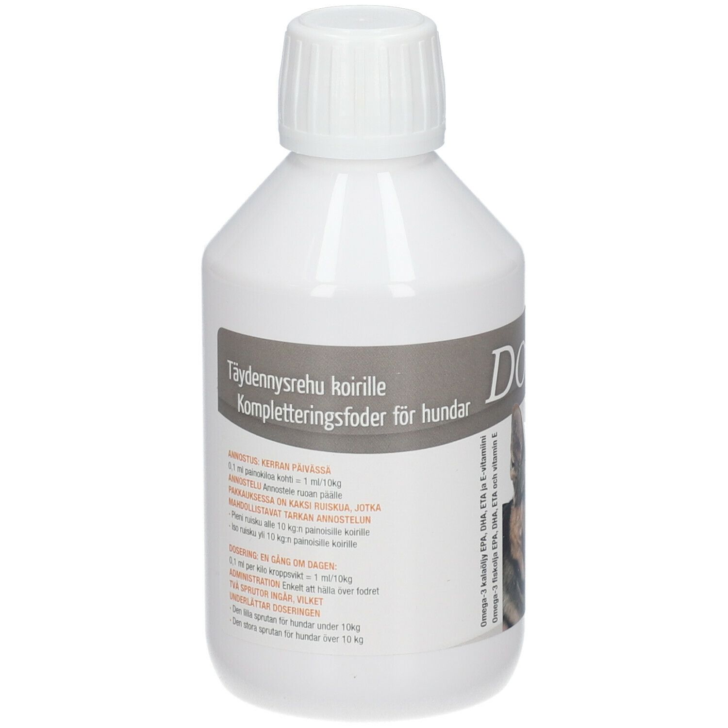 Witte fles met schroefdop. Etiket met productinformatie. Opschrift: Doils.