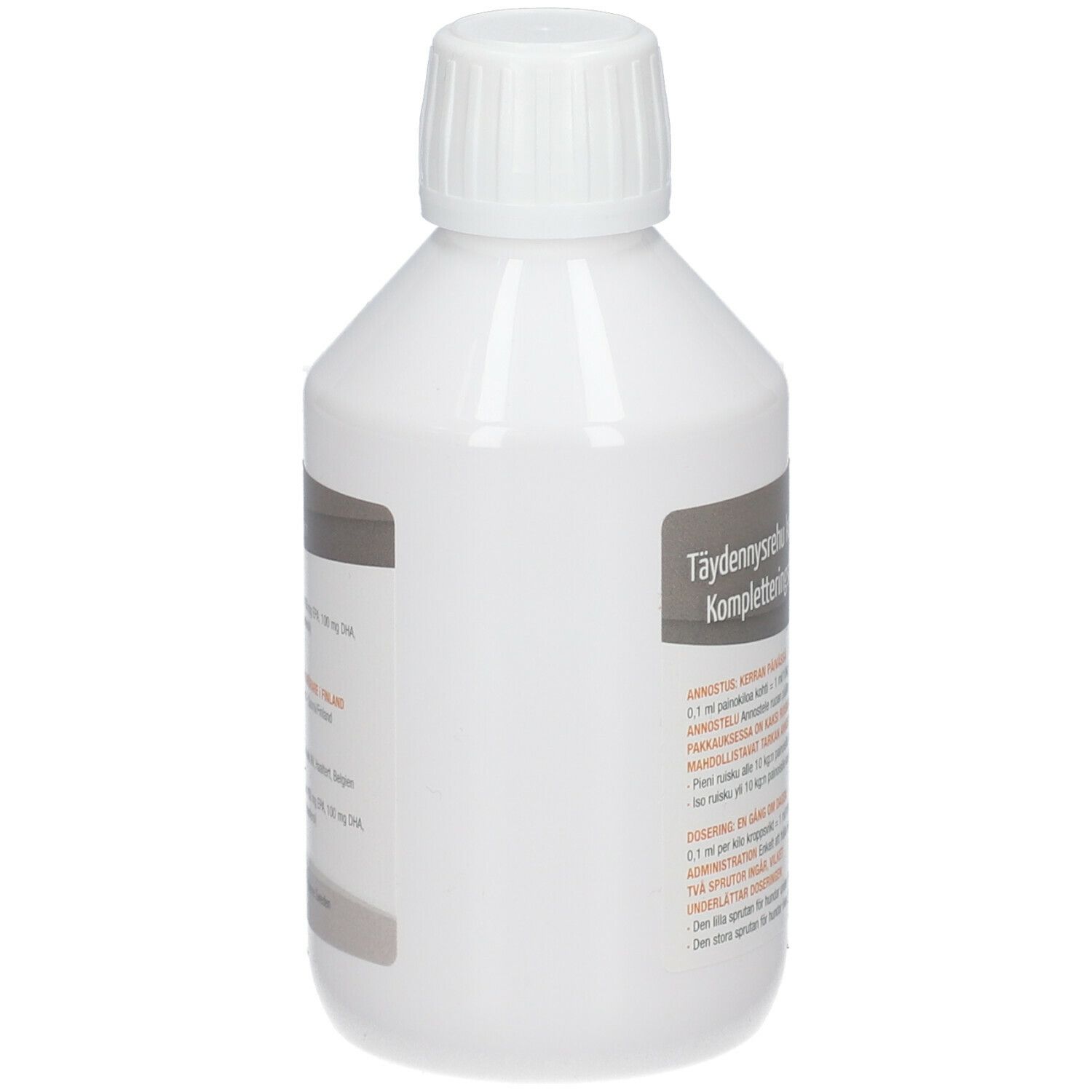 Witte fles met schroefdop. Etiket met productinformatie. Opschrift: Doils.