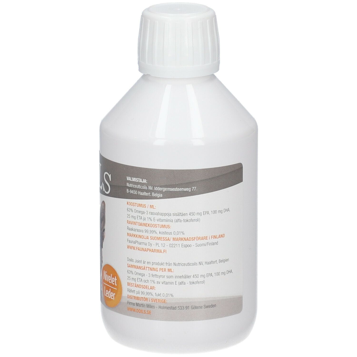 Witte fles met schroefdop. Etiket met productinformatie. Opschrift: Doils.