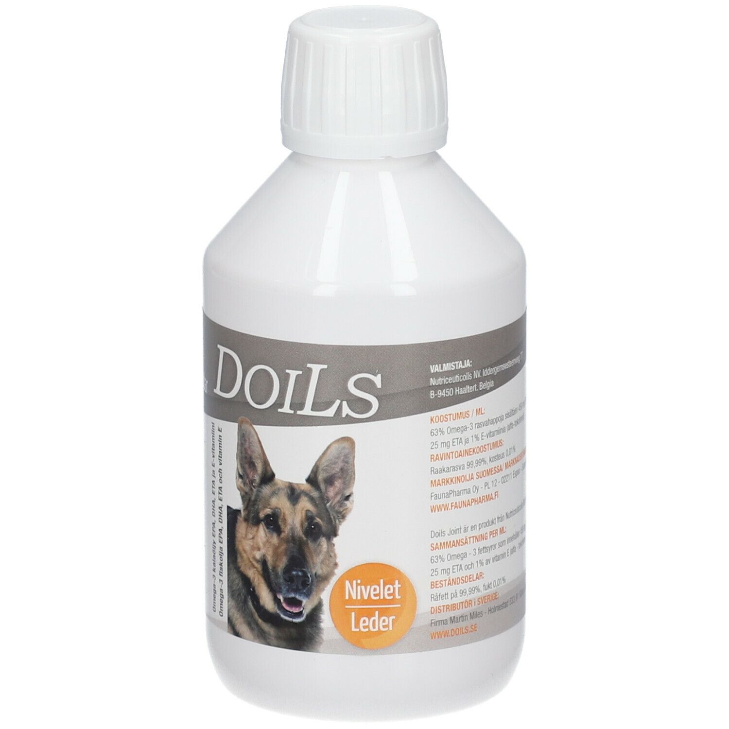Witte fles met schroefdop. Etiket met productinformatie en foto van hond. Opschrift: Doils.