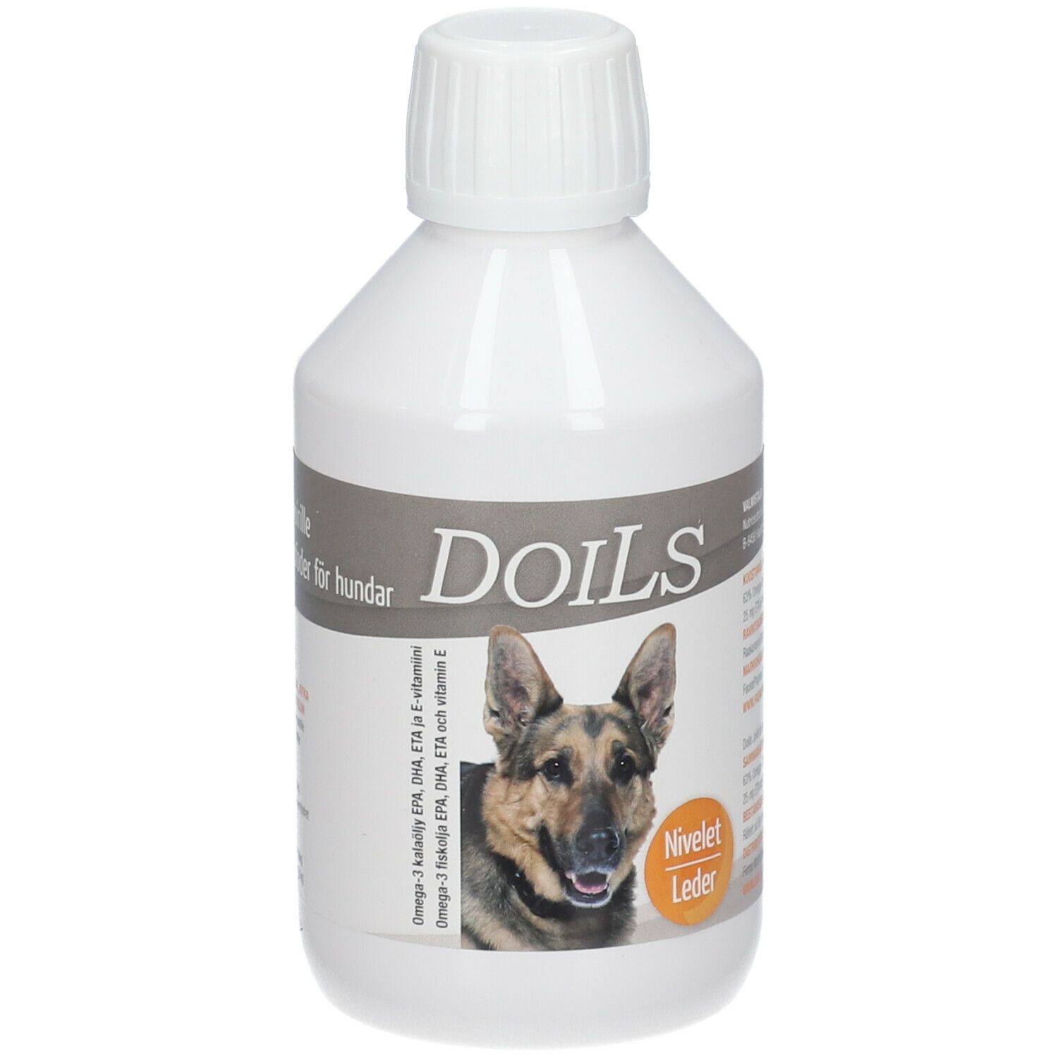 Witte fles met schroefdop. Etiket met productinformatie en foto van hond. Opschrift: Doils.