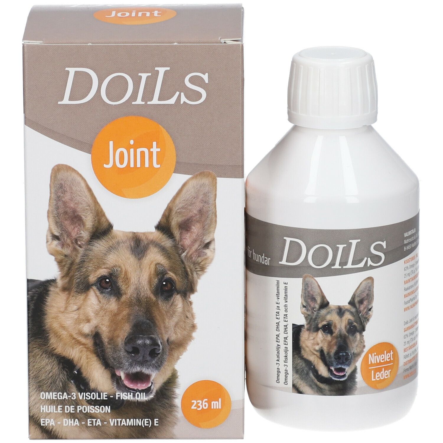 Productverpakking met fles en doos. Opschrift: Doils Joint. Foto van hond. 236 ml.