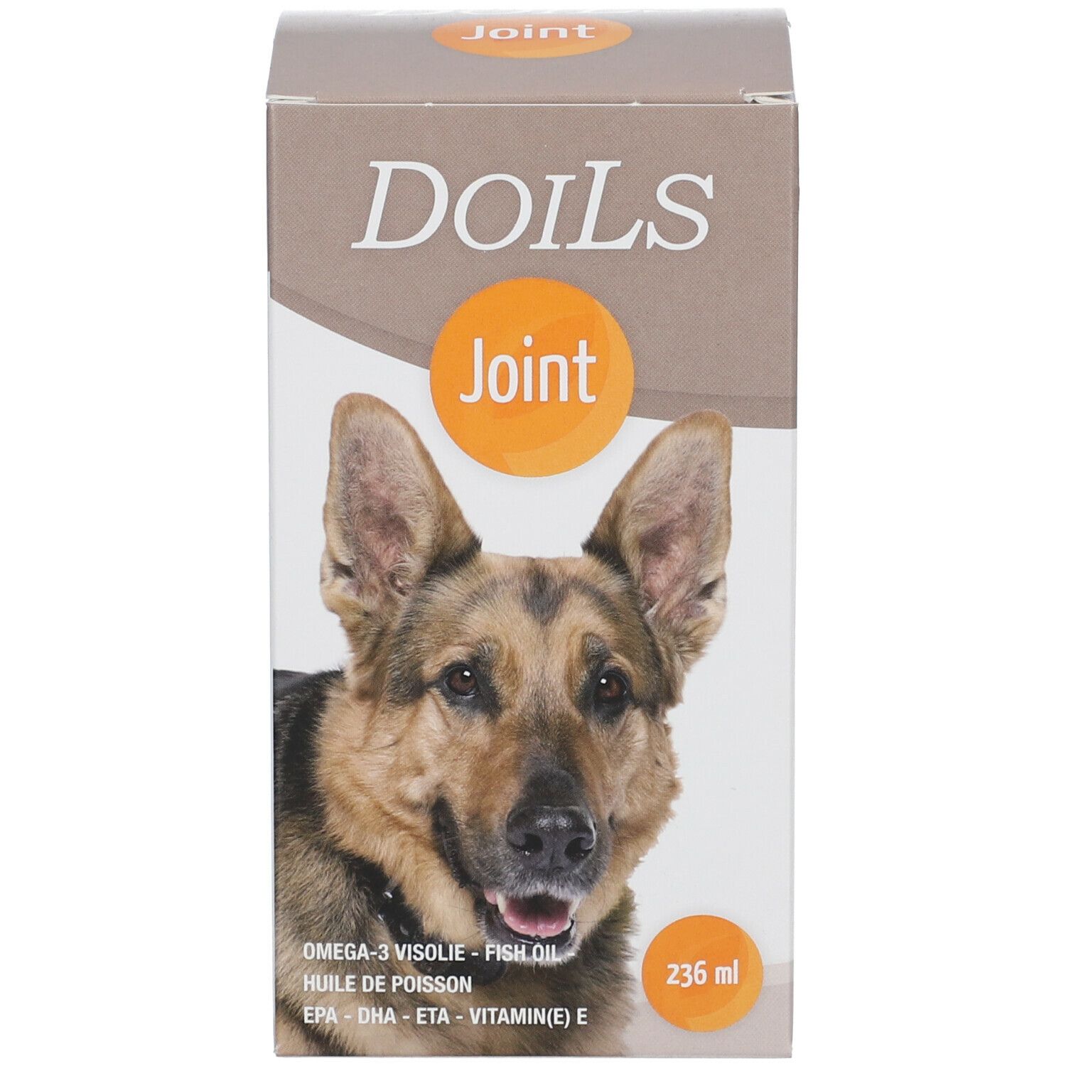 Productverpakking. Opschrift: Doils Joint. Foto van hond. 236 ml.