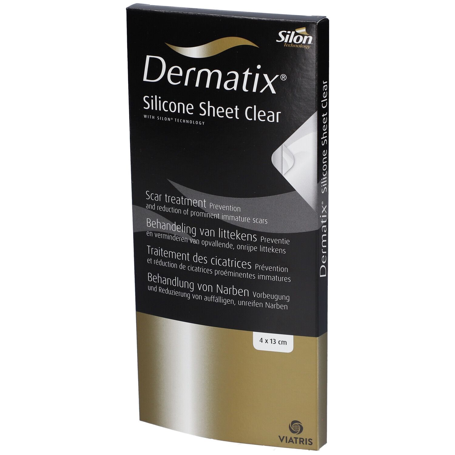 Emballage de Dermatix Silicone Sheet Clear. Dimensions 4x13cm. Traitement des cicatrices. Viatris.