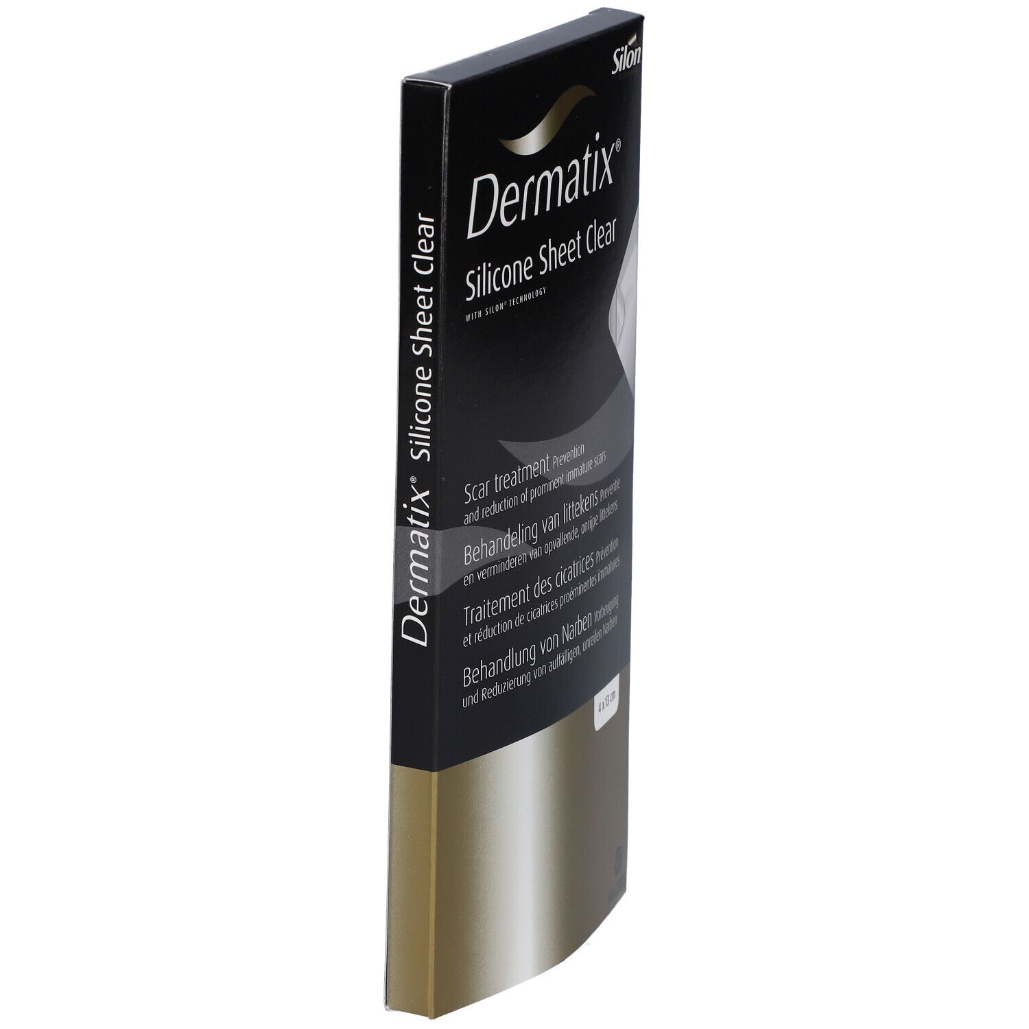 Vue latérale de l'emballage Dermatix Silicone Sheet Clear. Traitement des cicatrices. Viatris.