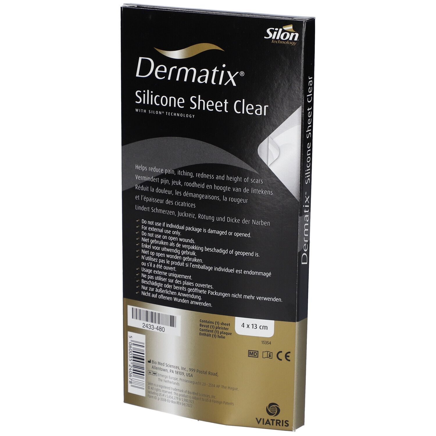 Emballage Dermatix Silicone Sheet Clear. Dimensions 4x13cm. Traitement des cicatrices. Viatris. CE.