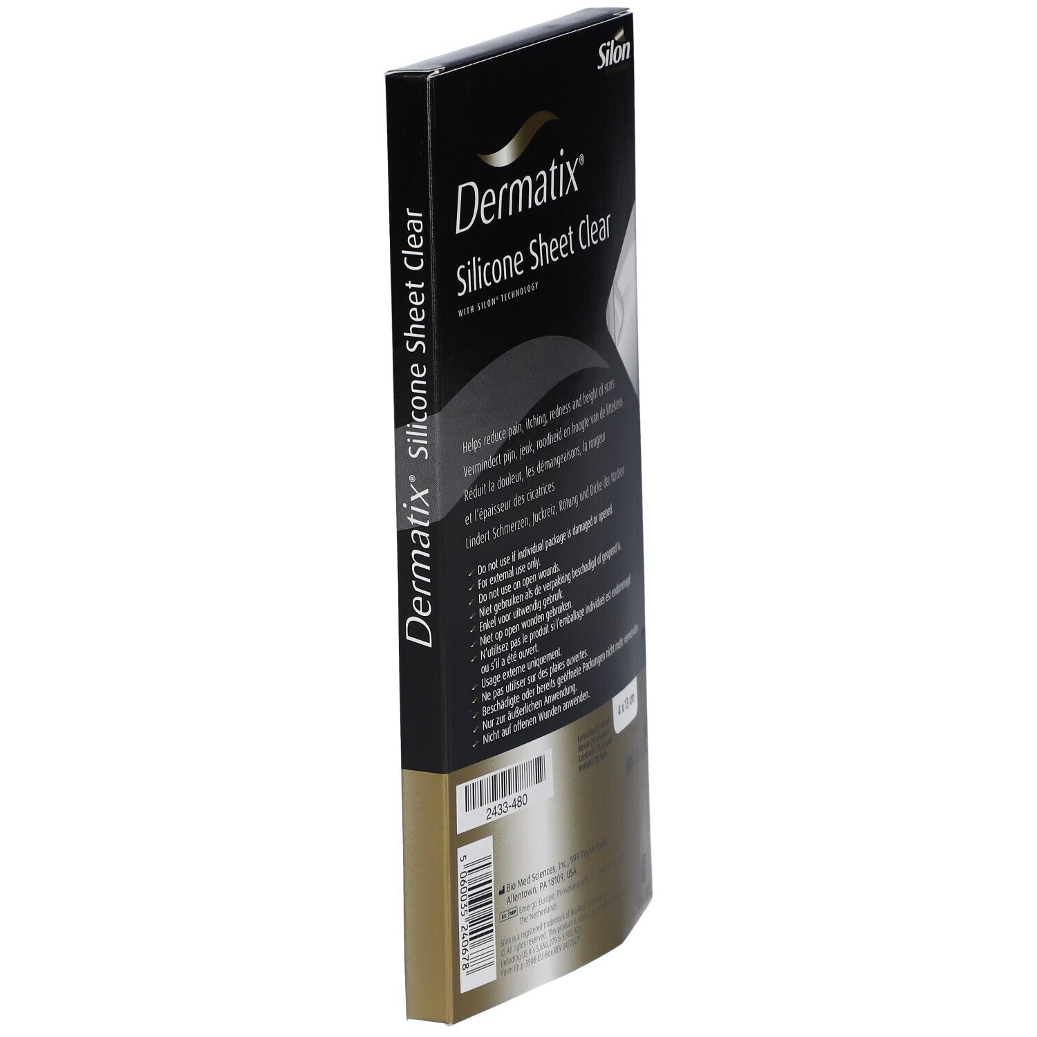 Vue latérale de l'emballage Dermatix Silicone Sheet Clear. Traitement des cicatrices. Viatris.