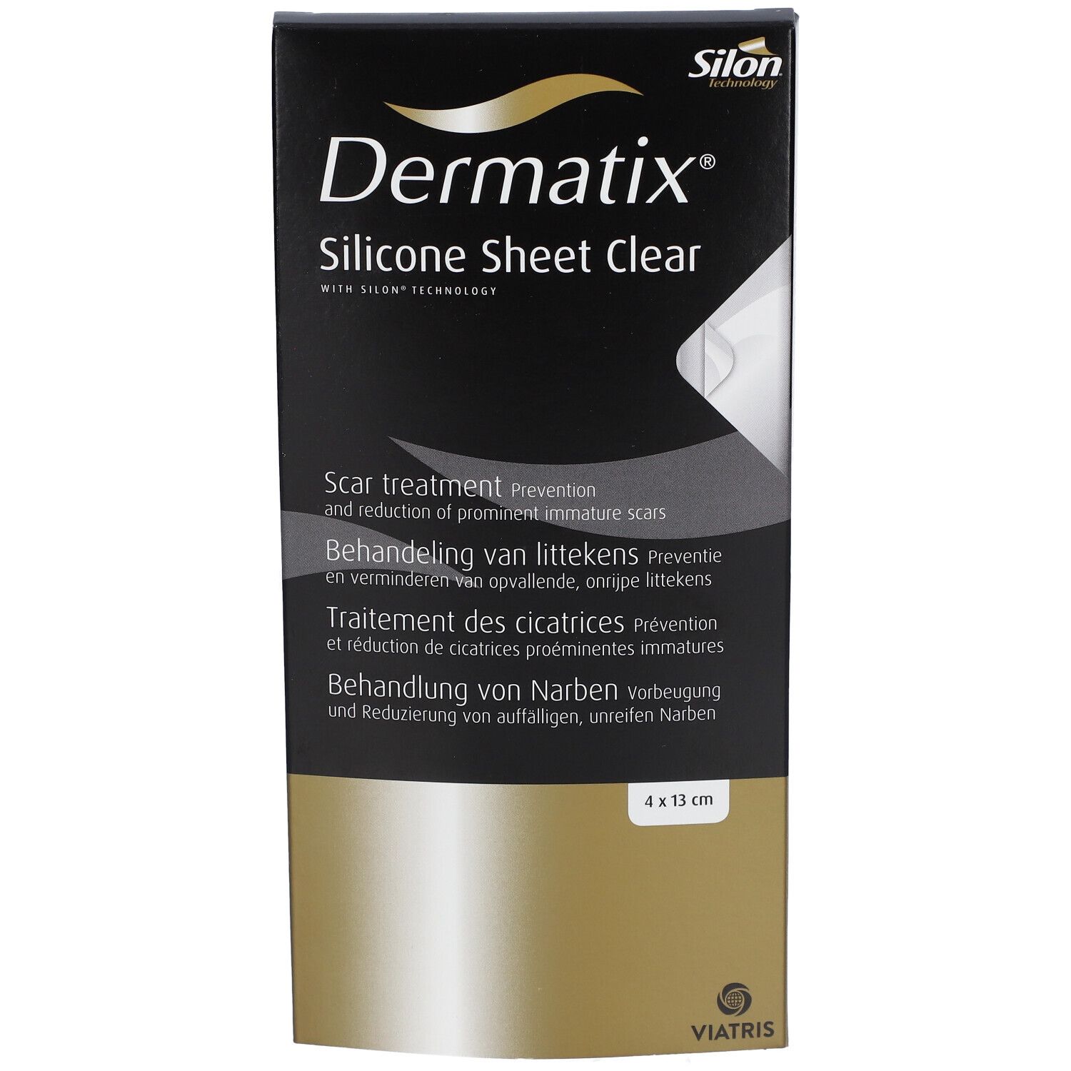 Emballage de Dermatix Silicone Sheet Clear. Dimensions 4x13cm. Traitement des cicatrices. Viatris.