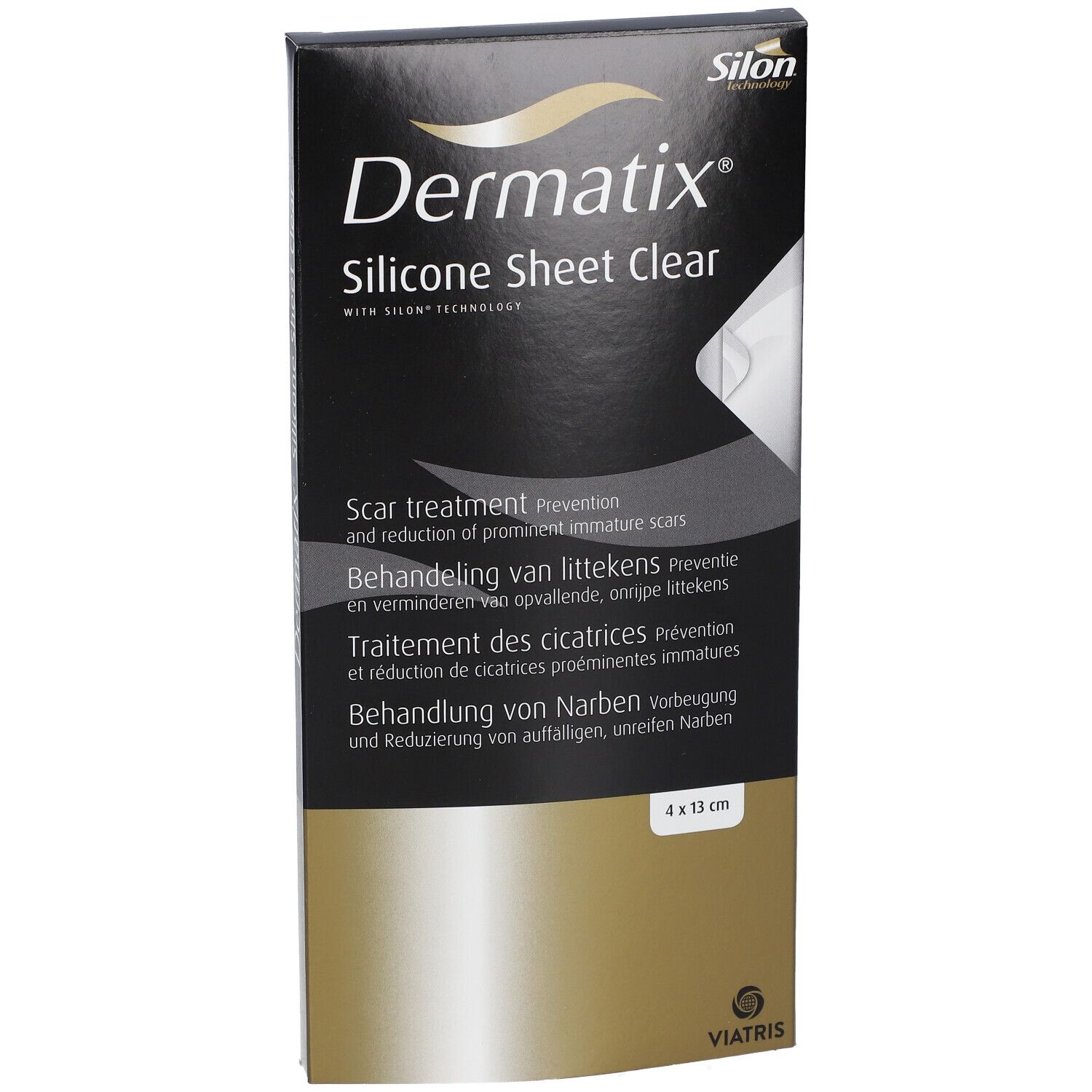 Emballage de Dermatix Silicone Sheet Clear. Dimensions 4x13cm. Traitement des cicatrices. Viatris.