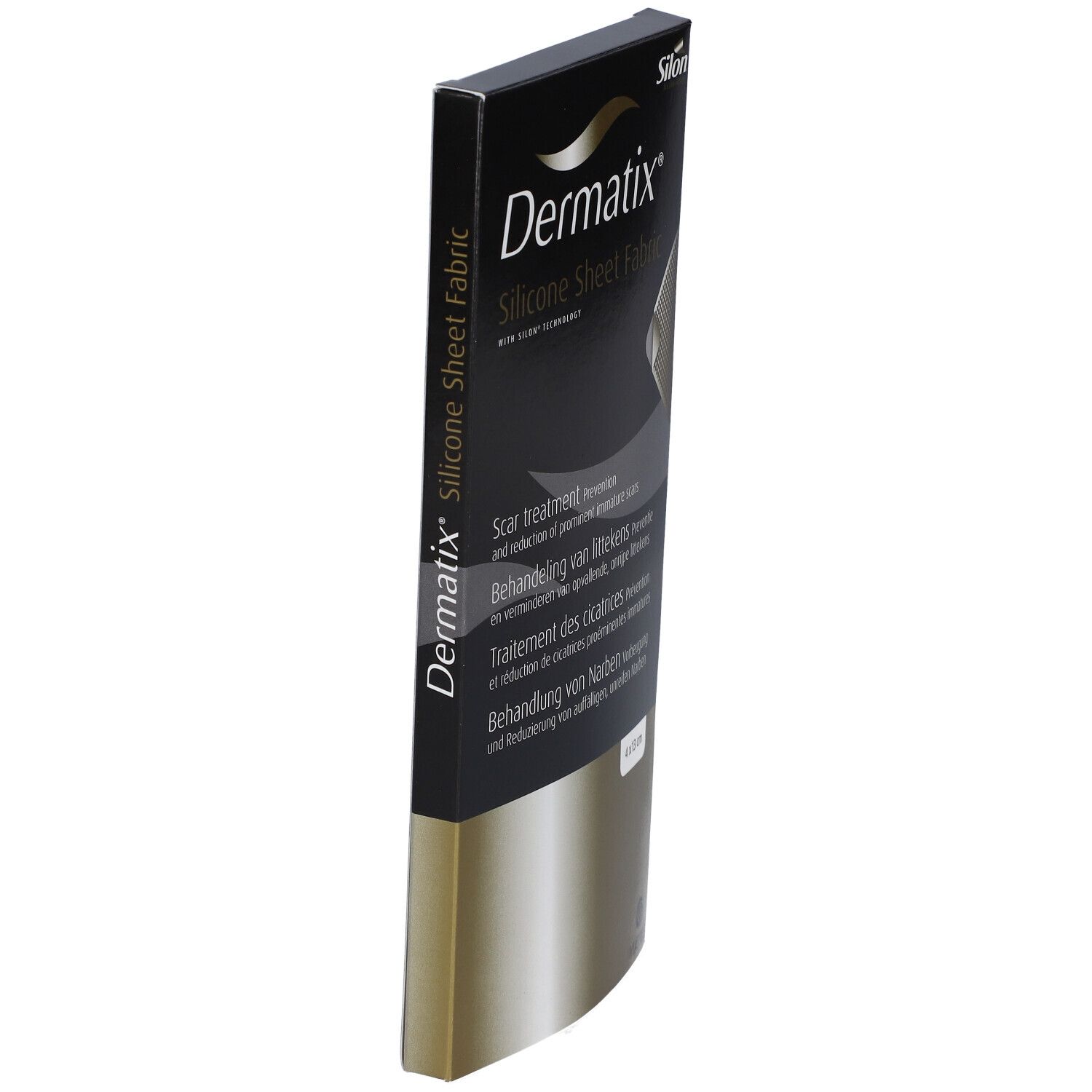 Vue latérale de l'emballage Dermatix Silicone Sheet Fabric. Boîte noire avec nom du produit et texte. Fond gris argenté.